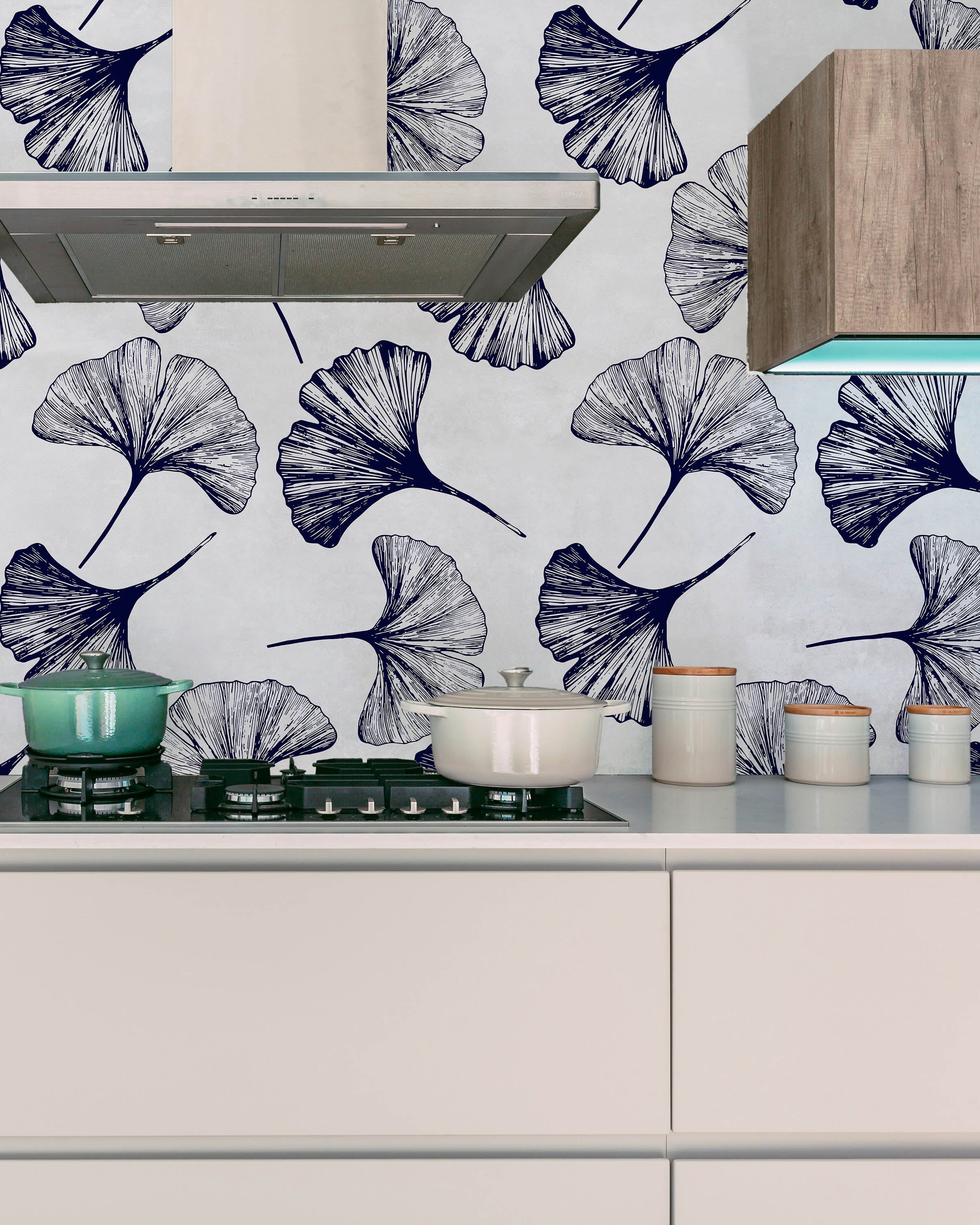 Ginkgo Leaves Peel and Stick Wallpaper, Removable Wallpaper, Traditional Wallpaper - Navy | DeccoPrint