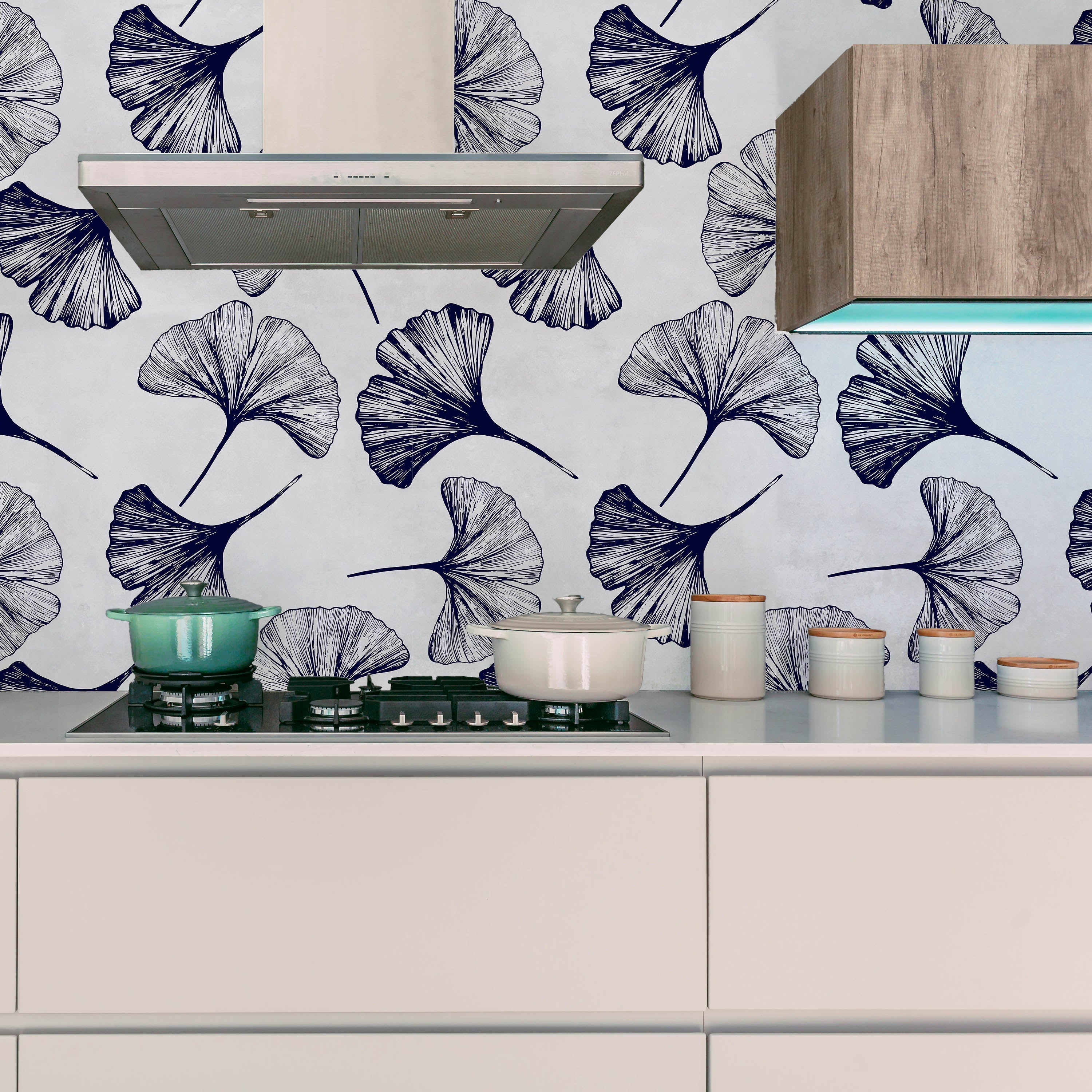 Ginkgo Leaves Peel and Stick Wallpaper, Removable Wallpaper, Traditional Wallpaper - Navy | DeccoPrint
