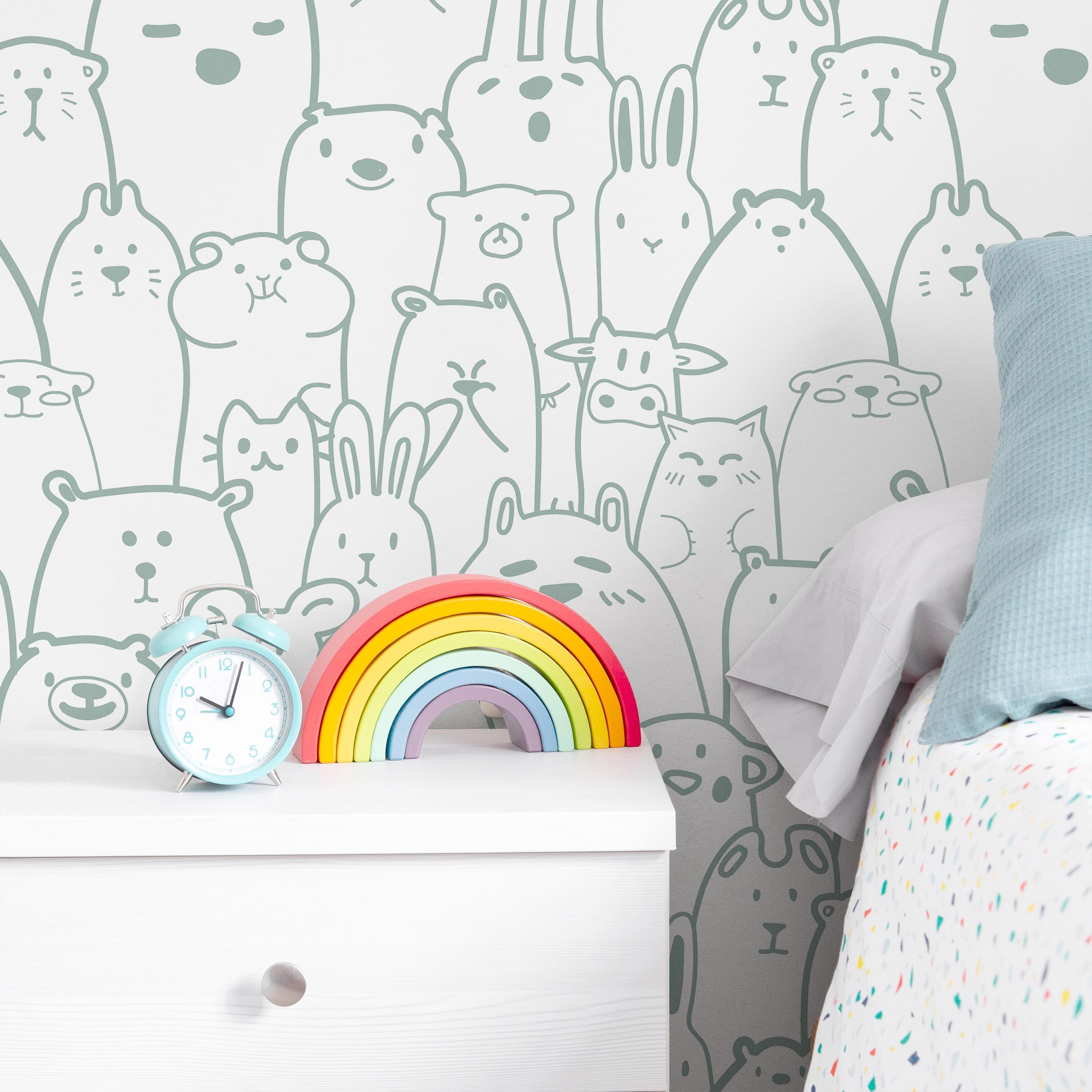 Animal Doodles Peel and Stick Wallpaper, Removable Wallpaper, Traditional Wallpaper - Blue | DeccoPrint