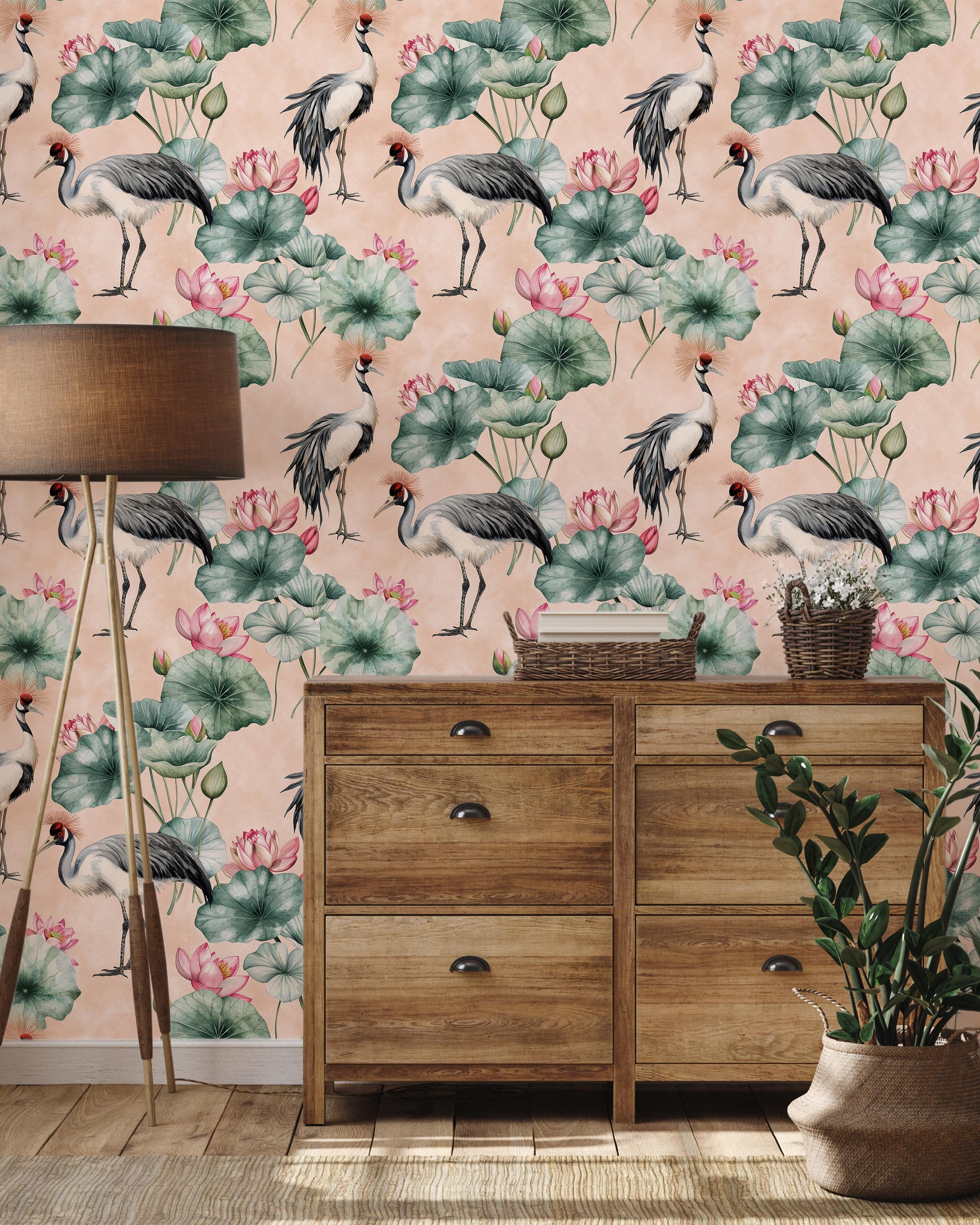 Crowned Cranes Peel and Stick Wallpaper, Removable Wallpaper, Traditional Wallpaper - Peach | DeccoPrint