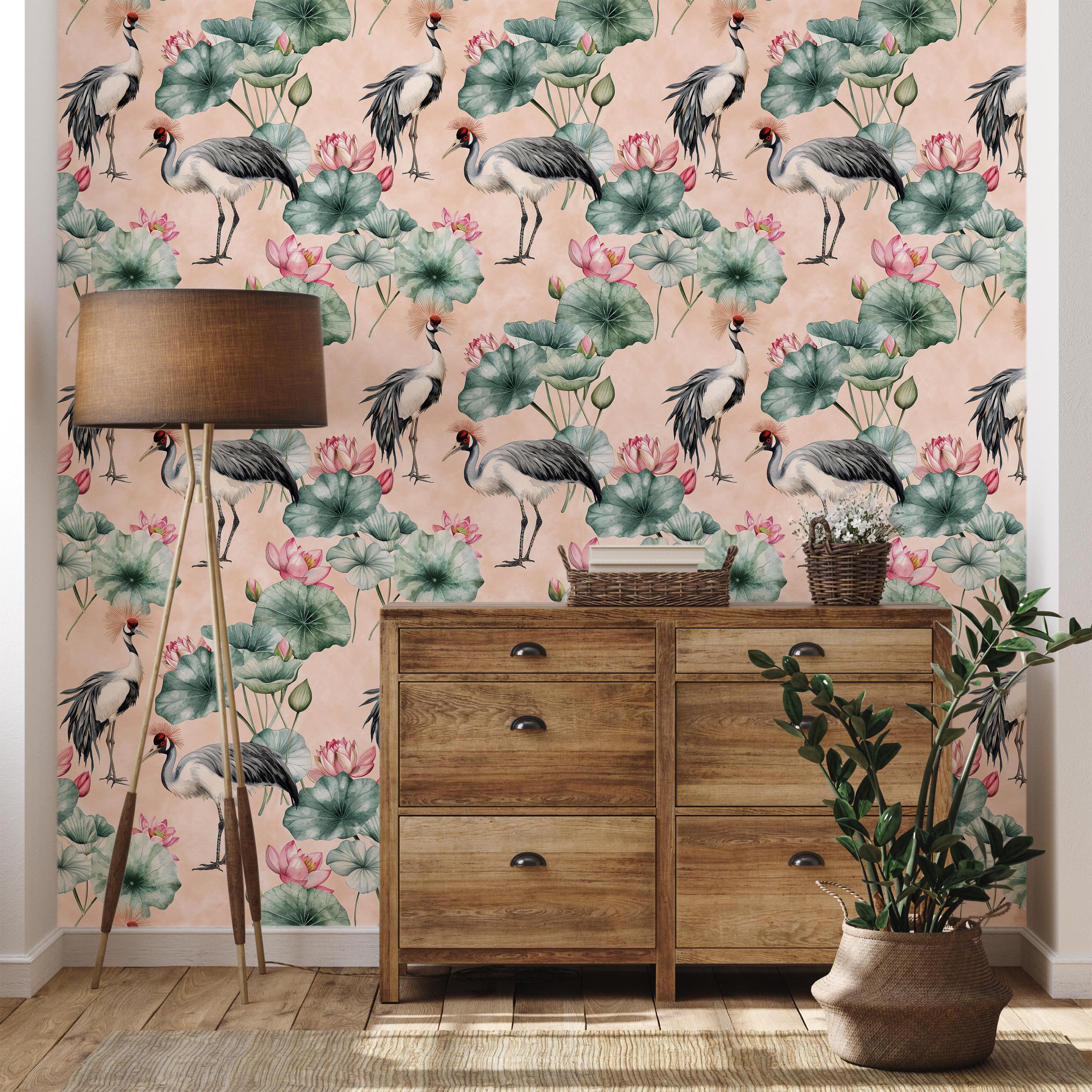 Crowned Cranes Peel and Stick Wallpaper, Removable Wallpaper, Traditional Wallpaper - Peach | DeccoPrint