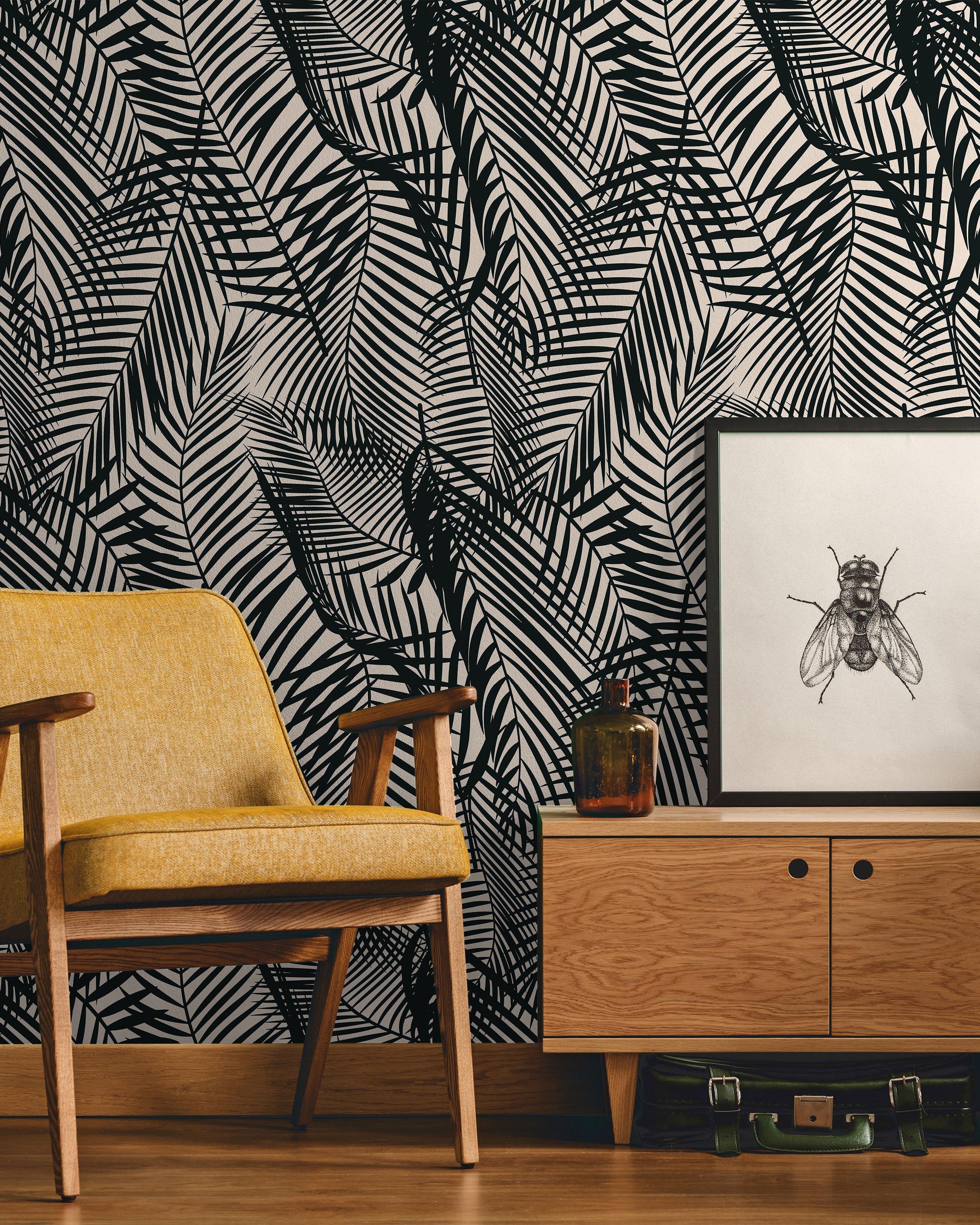 Palm Leaves Peel and Stick Wallpaper, Removable Wallpaper, Traditional Wallpaper - Black | DeccoPrint