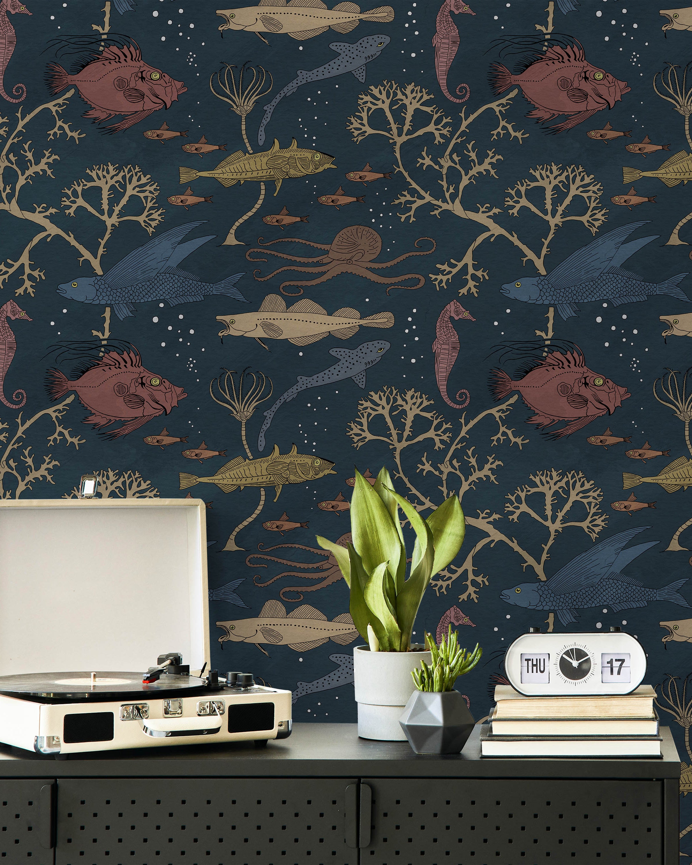Maurice Pillard Verneuil x Sea Creatures Peel and Stick Wallpaper, Removable Wallpaper, Traditional Wallpaper - Deep Blue | DeccoPrint