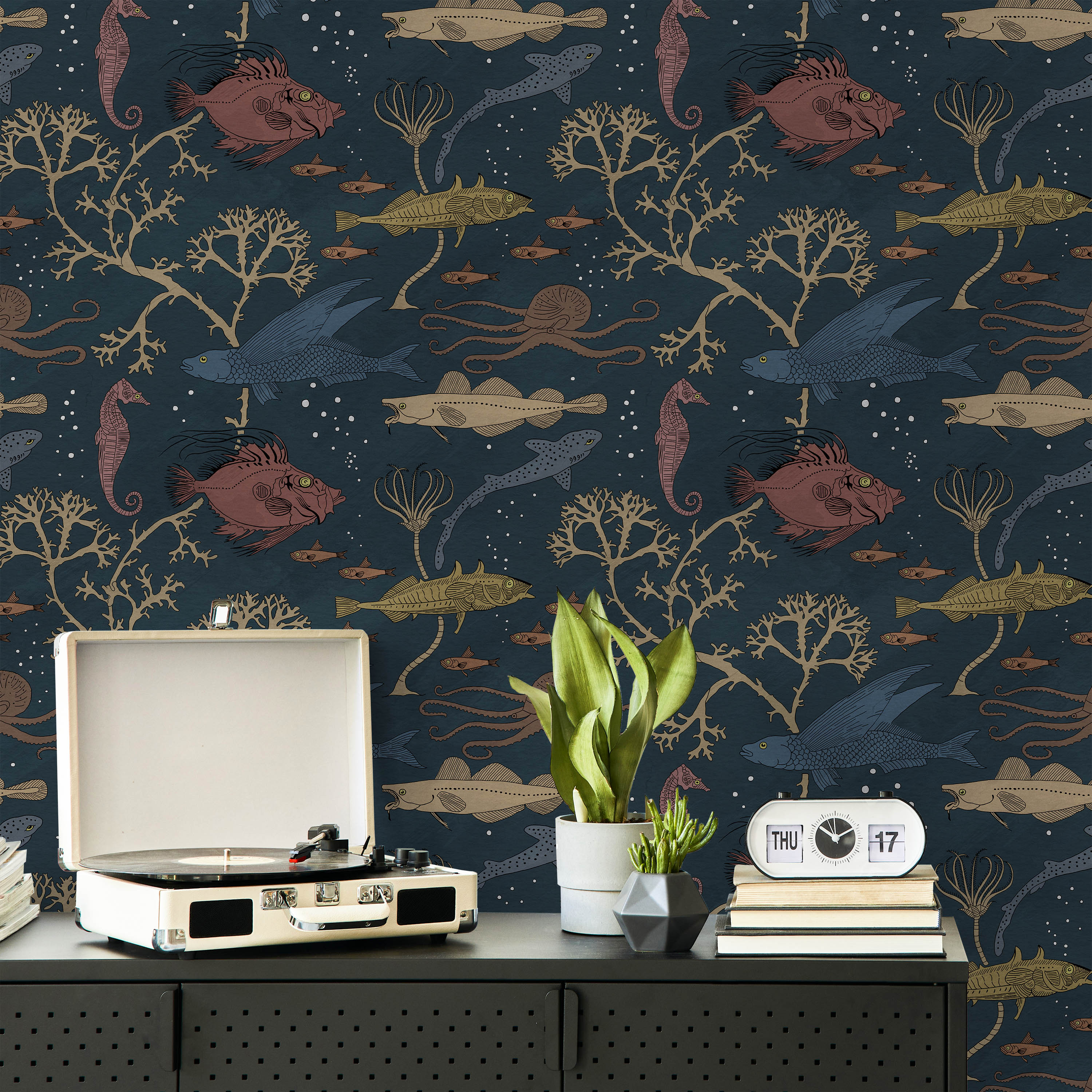 Maurice Pillard Verneuil x Sea Creatures Peel and Stick Wallpaper, Removable Wallpaper, Traditional Wallpaper - Deep Blue | DeccoPrint