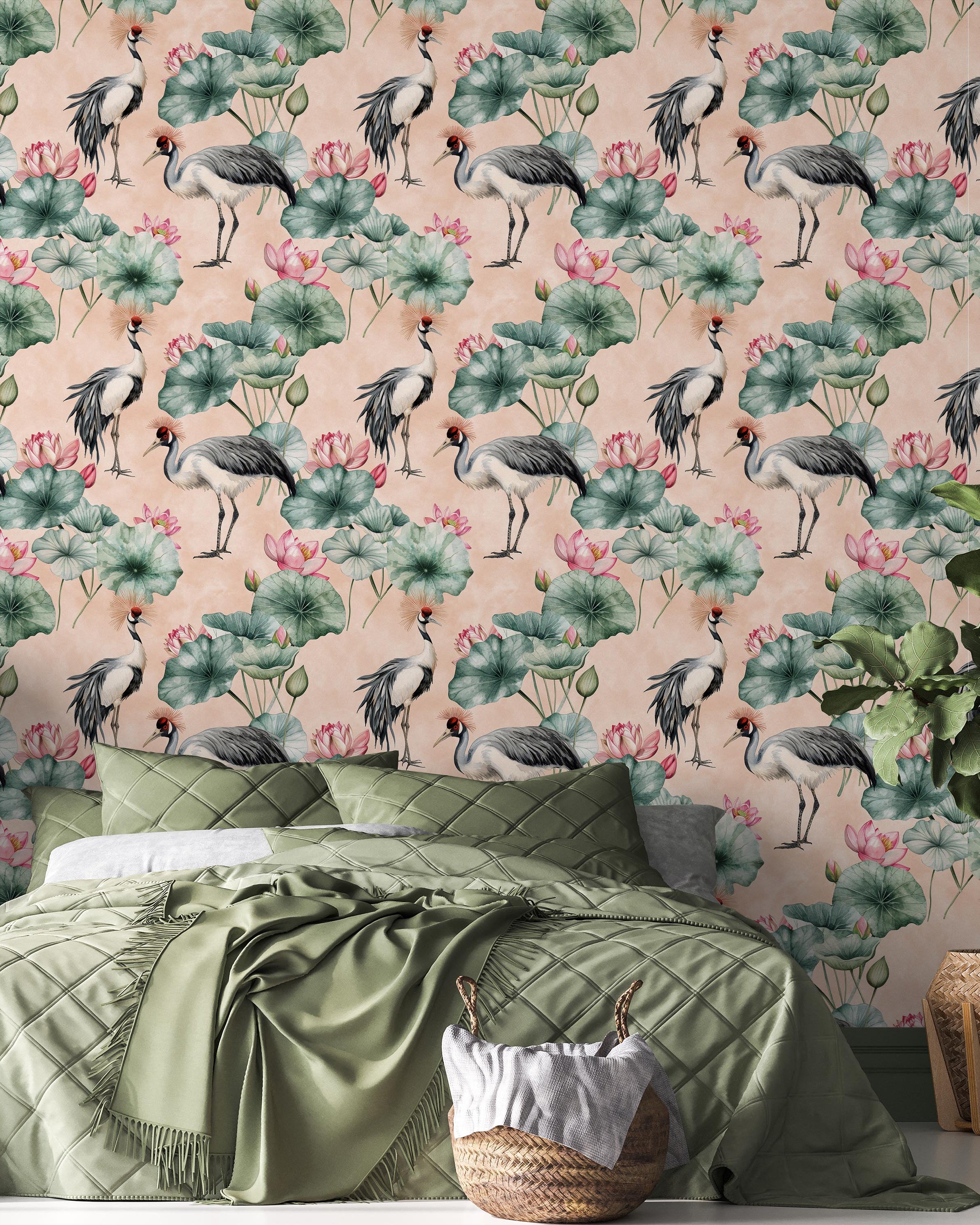Crowned Cranes Peel and Stick Wallpaper, Removable Wallpaper, Traditional Wallpaper - Peach | DeccoPrint