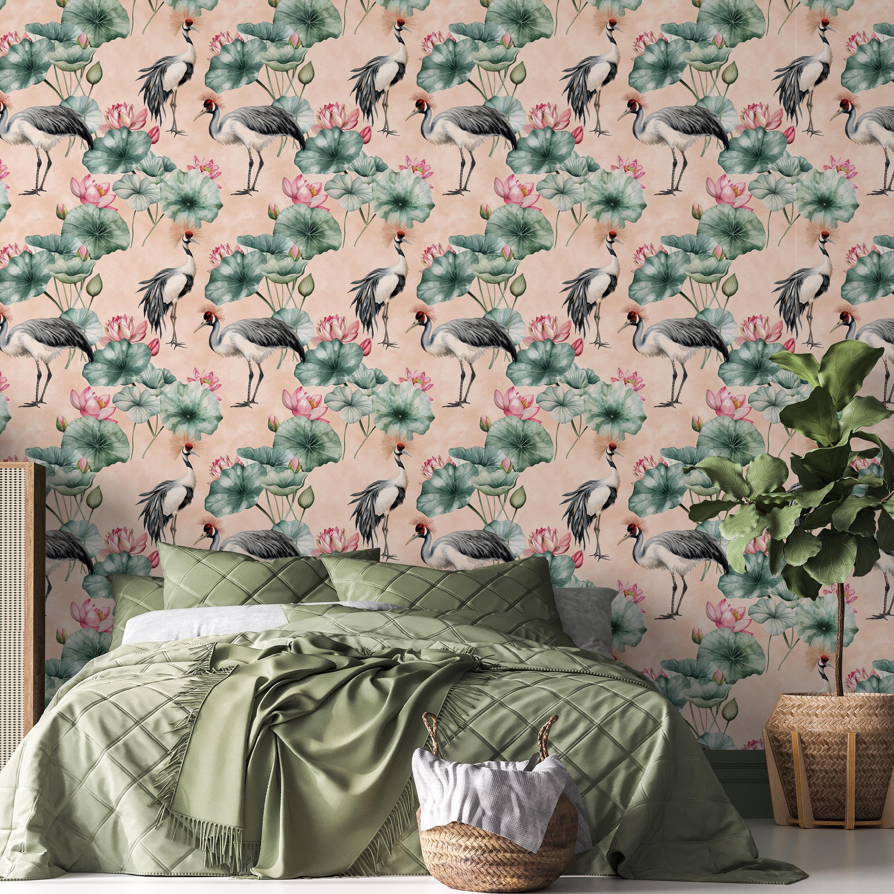 Crowned Cranes Peel and Stick Wallpaper, Removable Wallpaper, Traditional Wallpaper - Peach | DeccoPrint