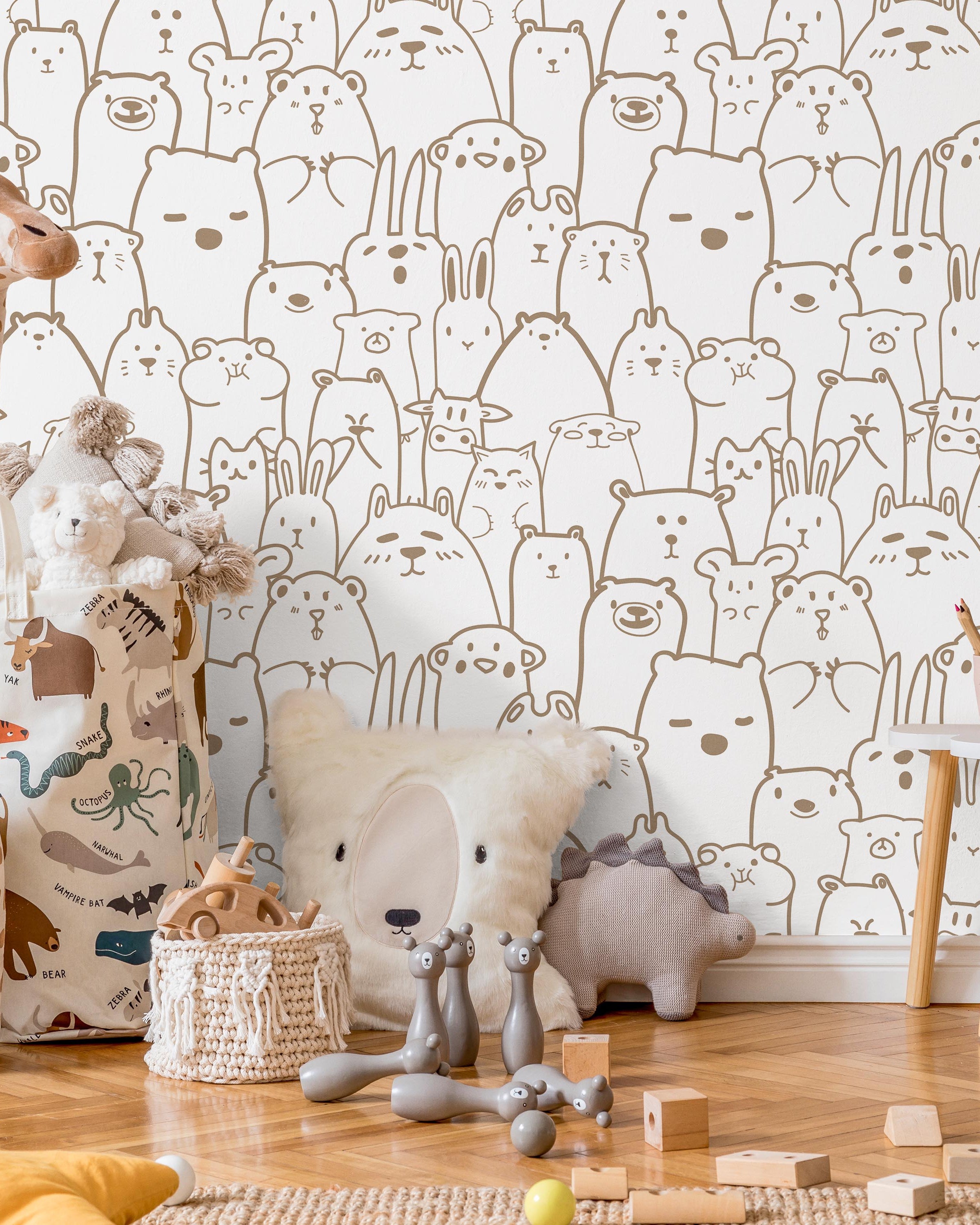 Animal Doodles Peel and Stick Wallpaper, Removable Wallpaper, Traditional Wallpaper - Brown | DeccoPrint