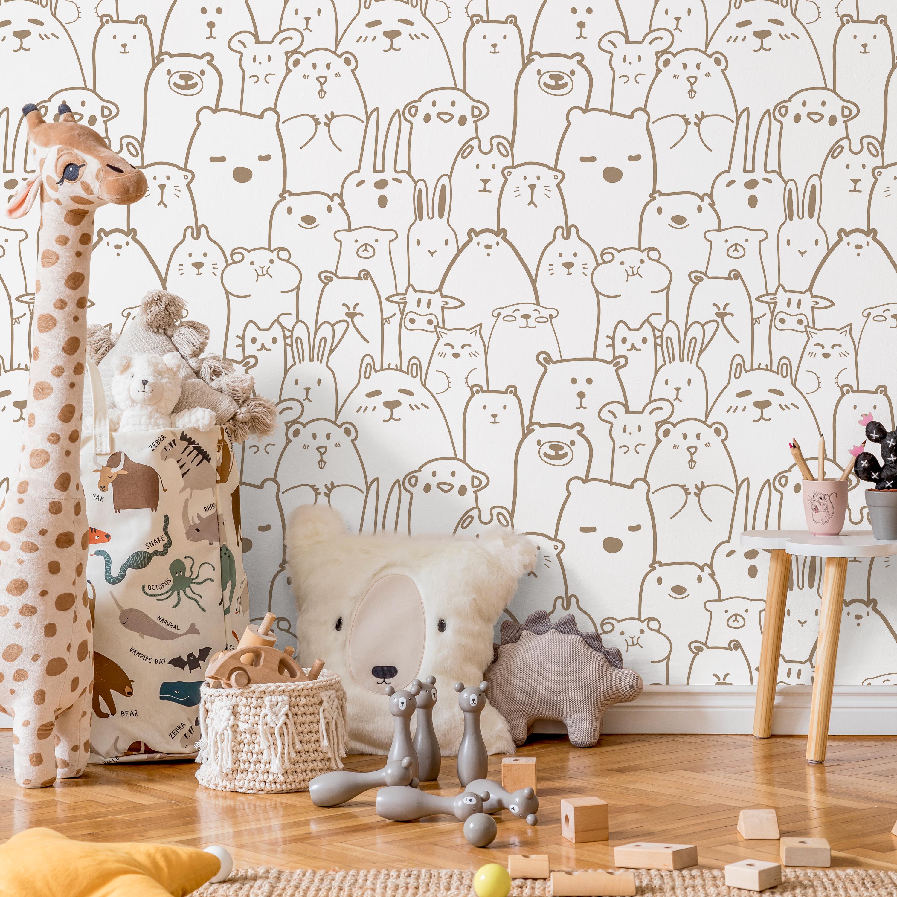Animal Doodles Peel and Stick Wallpaper, Removable Wallpaper, Traditional Wallpaper - Brown | DeccoPrint