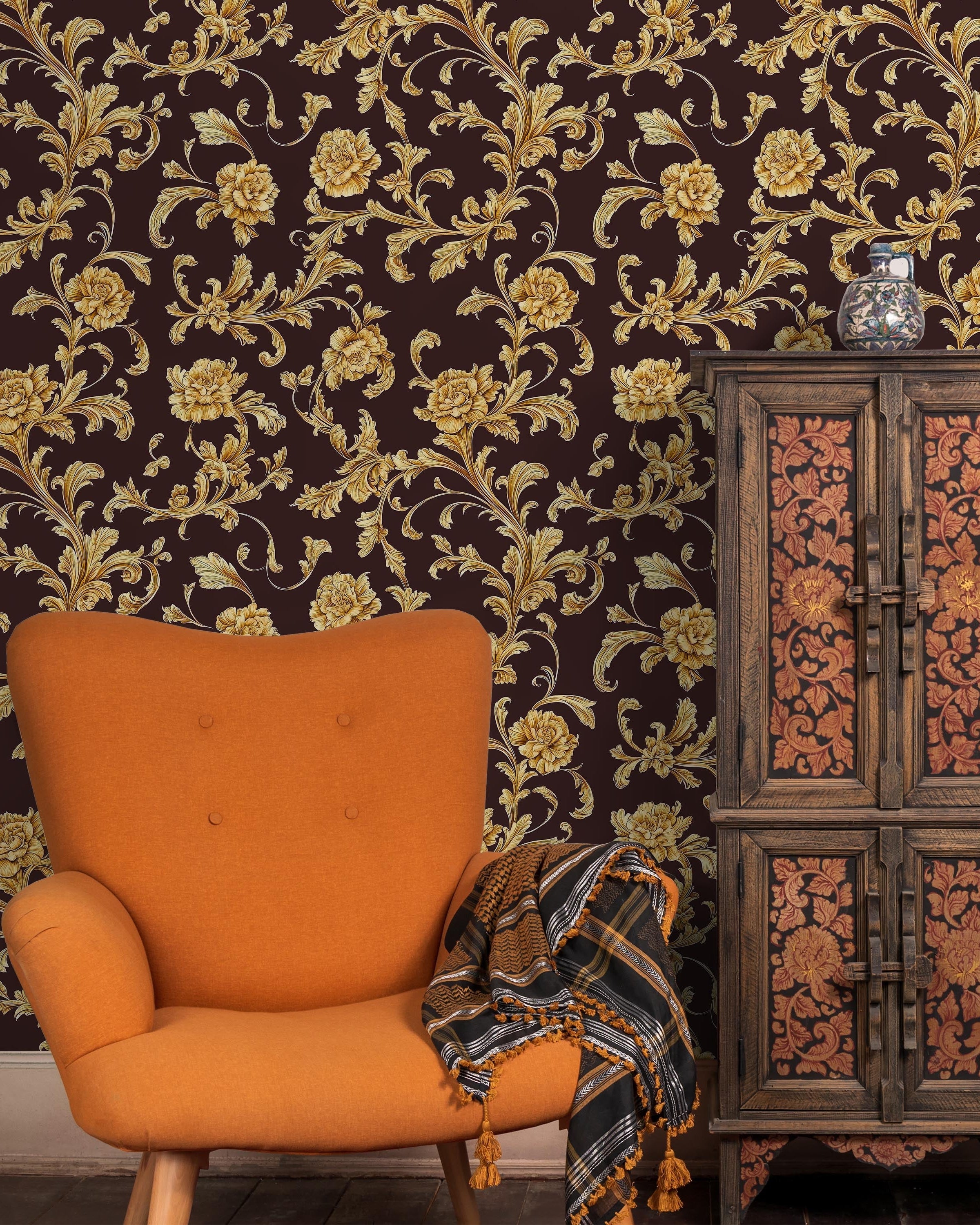 Baroque Floral Peel and Stick Wallpaper, Removable Wallpaper, Traditional Wallpaper - Burgundy Brown | DeccoPrint