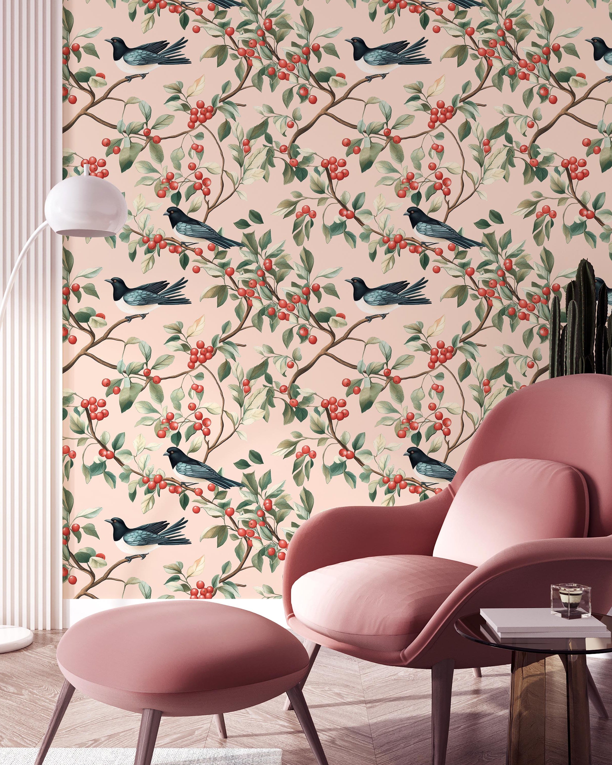 Birds and The Trees Peel and Stick Wallpaper, Removable Wallpaper, Traditional Wallpaper - Pink | DeccoPrint