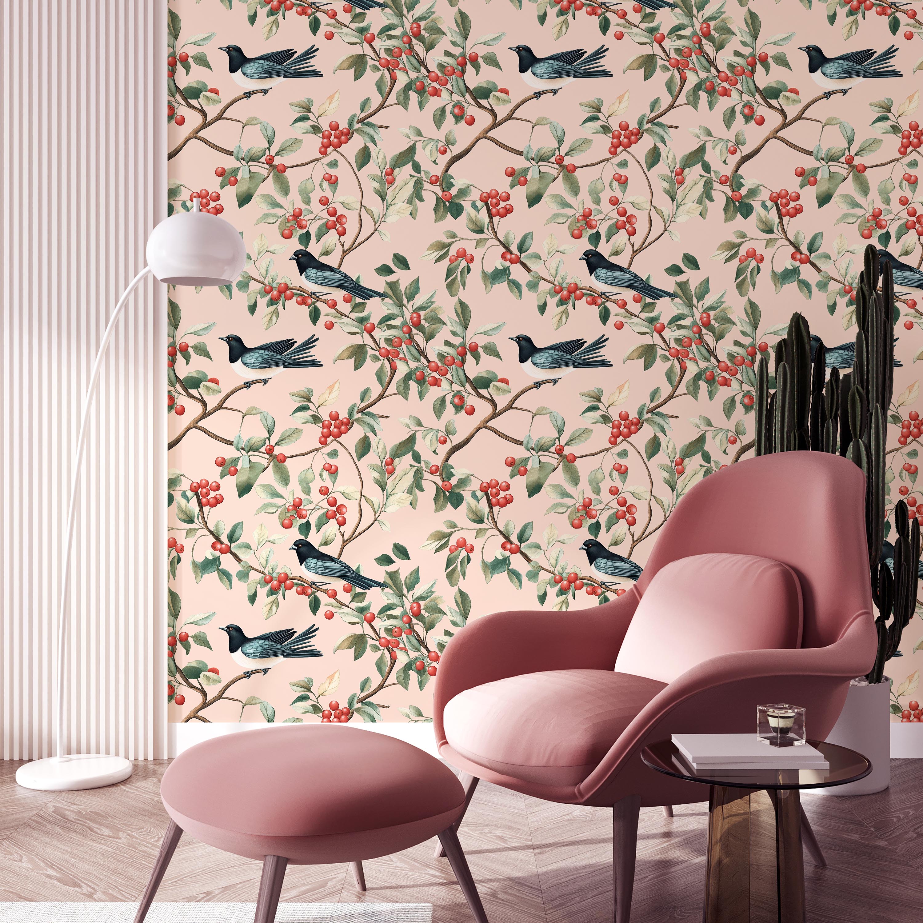 Birds and The Trees Peel and Stick Wallpaper, Removable Wallpaper, Traditional Wallpaper - Pink | DeccoPrint