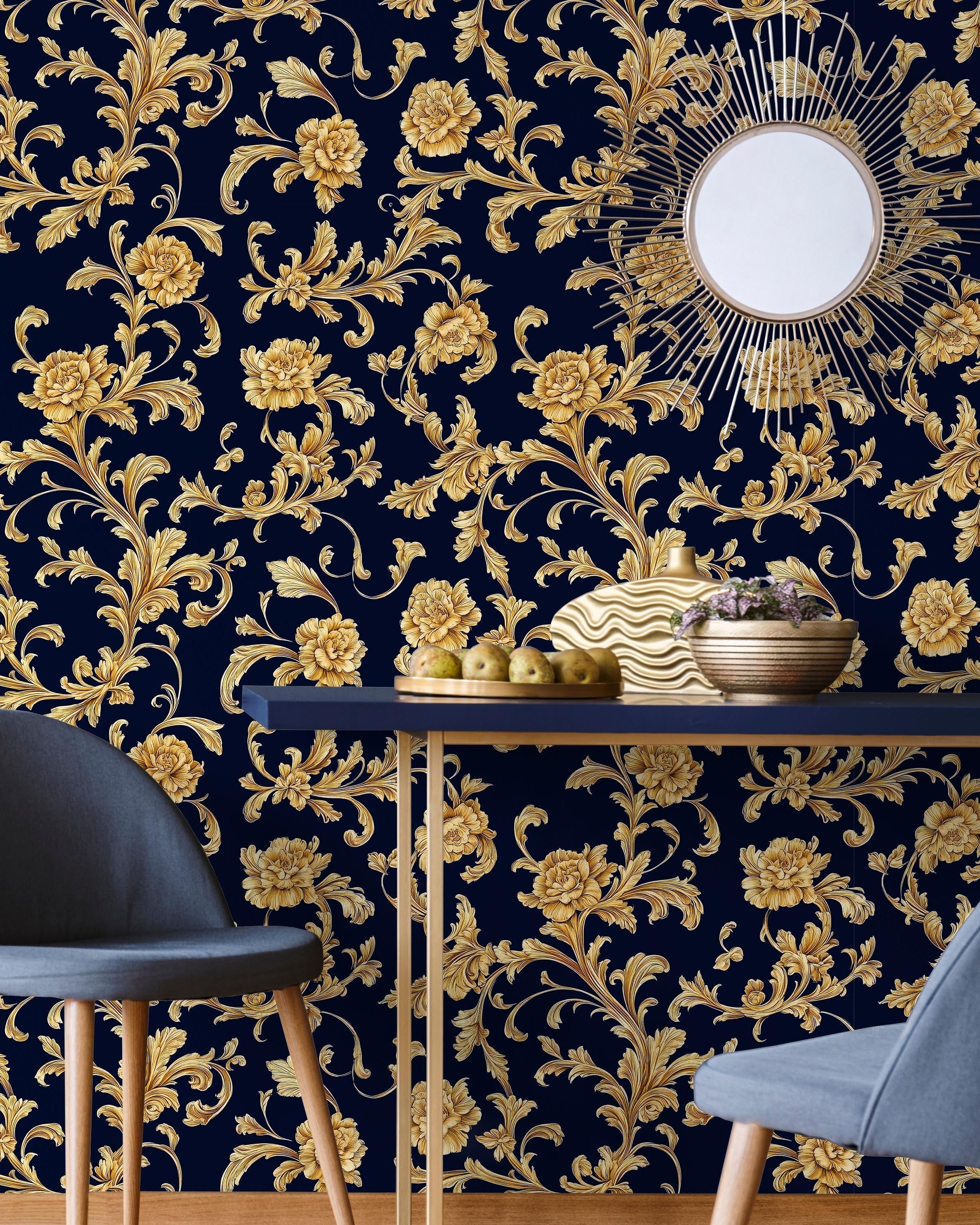 Baroque Floral Peel and Stick Wallpaper, Removable Wallpaper, Traditional Wallpaper - Navy blue | DeccoPrint