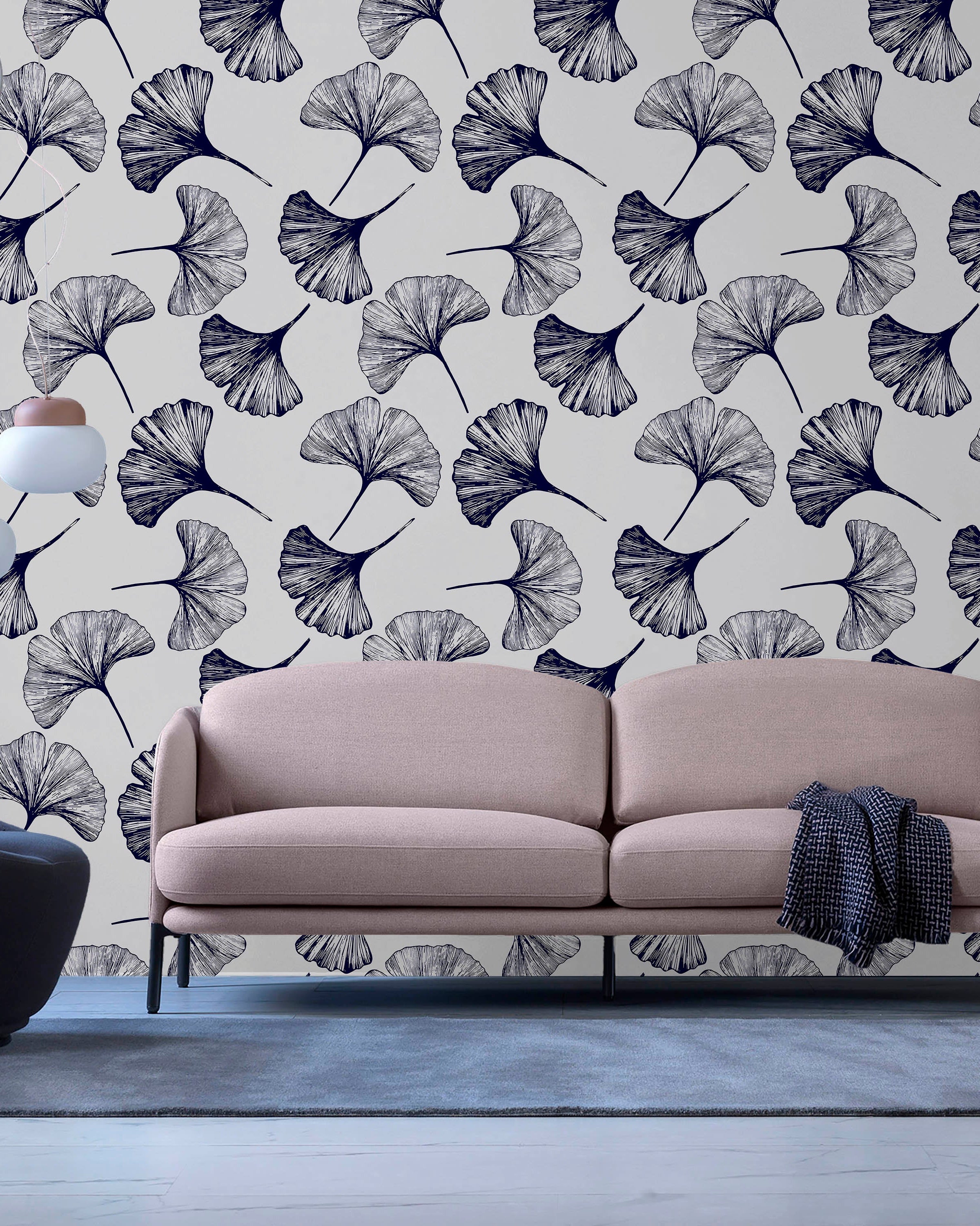 Ginkgo Leaves Peel and Stick Wallpaper, Removable Wallpaper, Traditional Wallpaper - Navy | DeccoPrint
