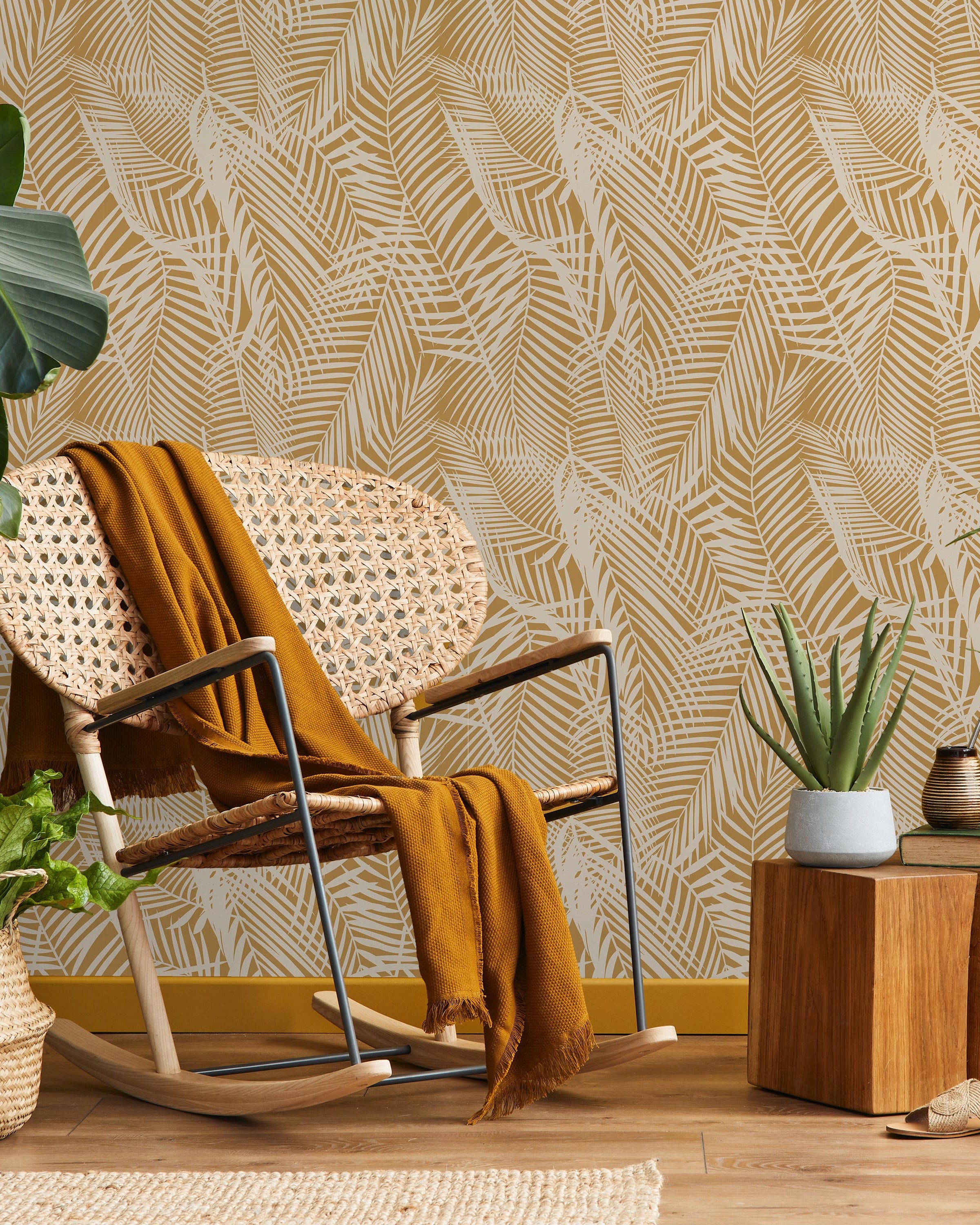 Palm Leaves Peel and Stick Wallpaper, Removable Wallpaper, Traditional Wallpaper - Yellow | DeccoPrint
