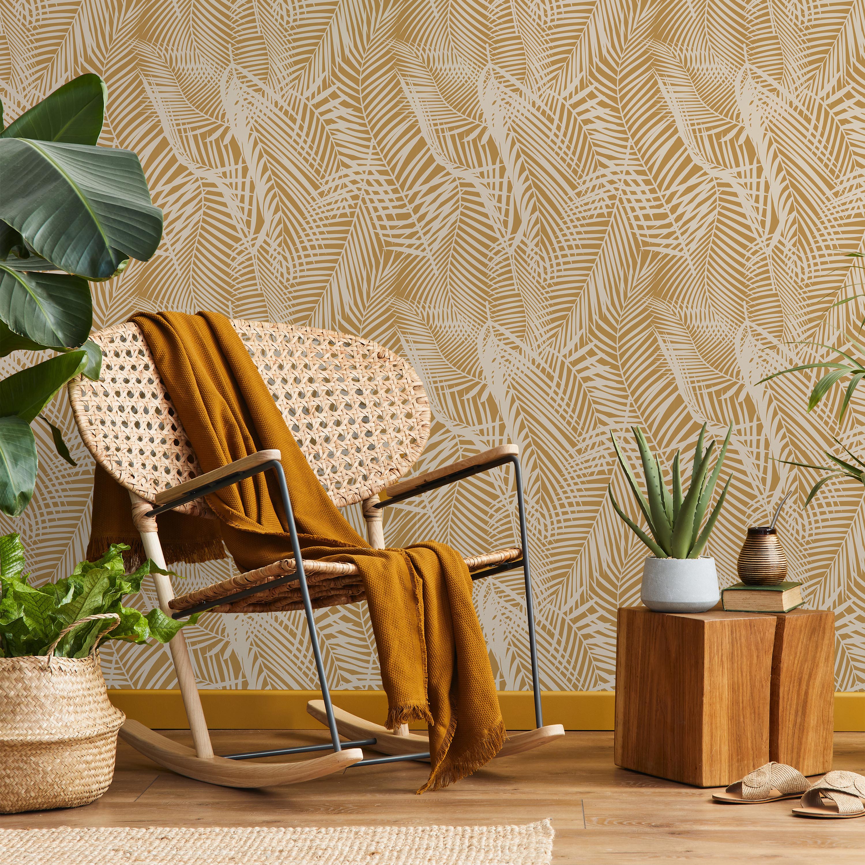Palm Leaves Peel and Stick Wallpaper, Removable Wallpaper, Traditional Wallpaper - Yellow | DeccoPrint