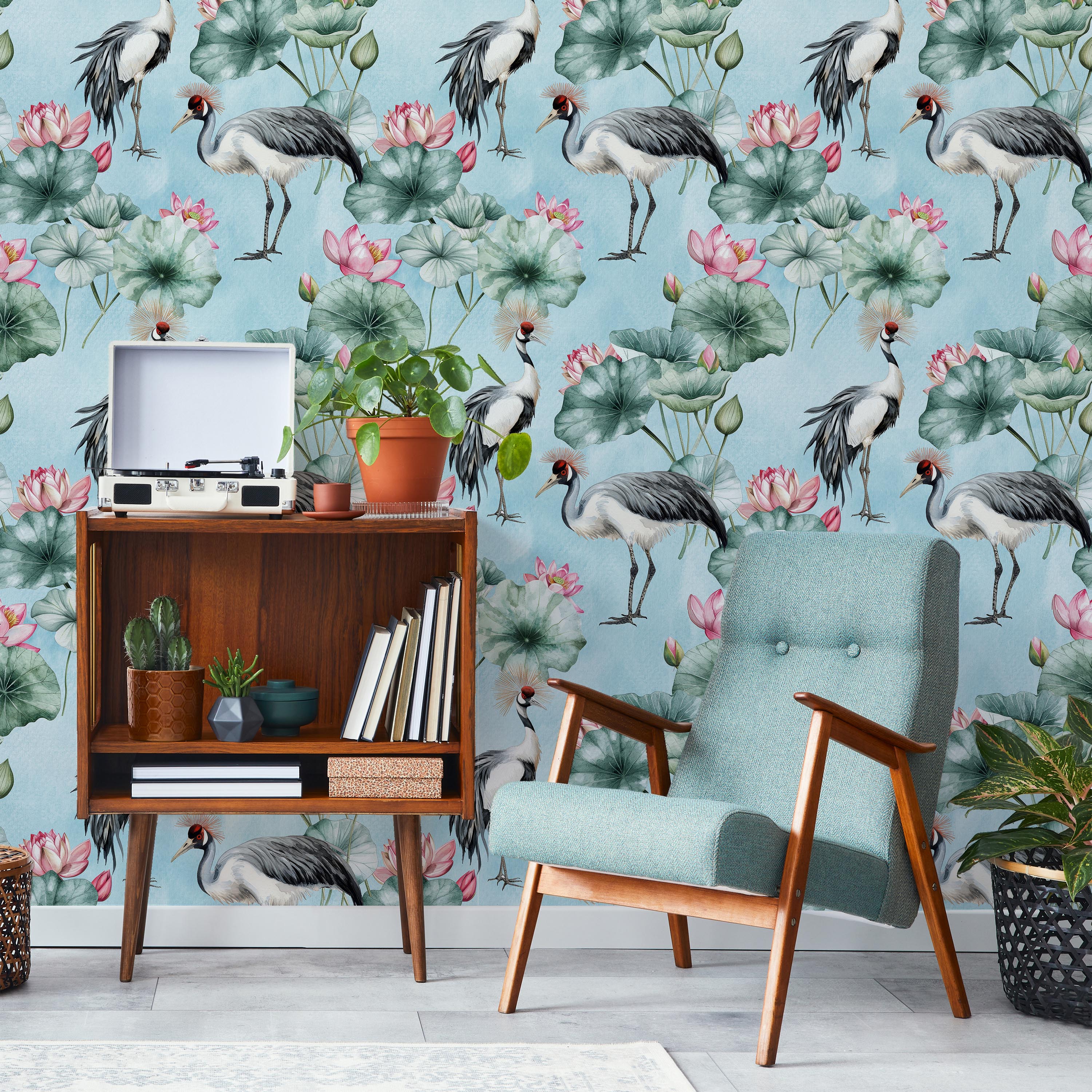 Crowned Cranes Peel and Stick Wallpaper, Removable Wallpaper, Traditional Wallpaper - Blue | DeccoPrint