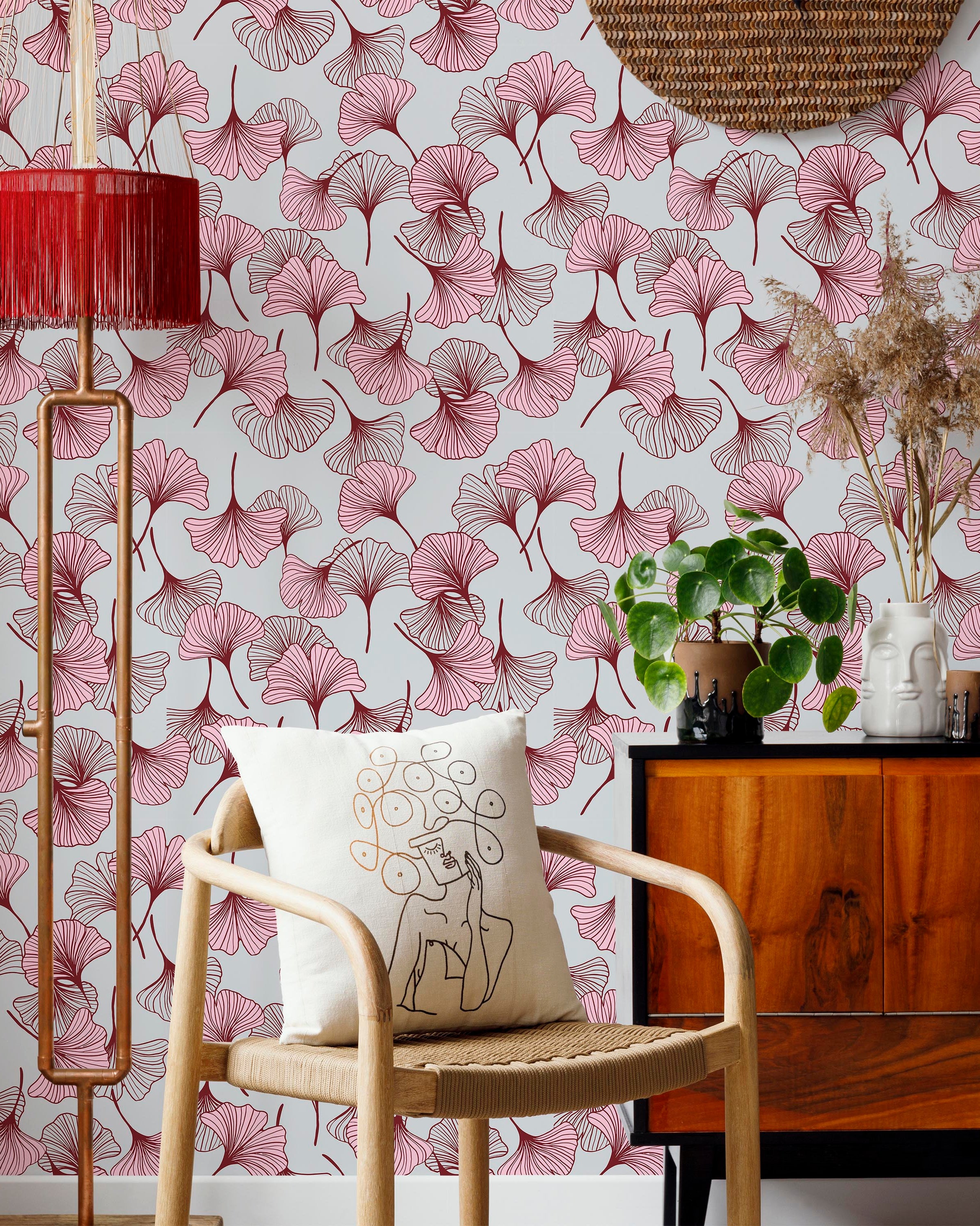 Ginkgo Garden Peel and Stick Wallpaper, Removable Wallpaper, Traditional Wallpaper - Pink | DeccoPrint