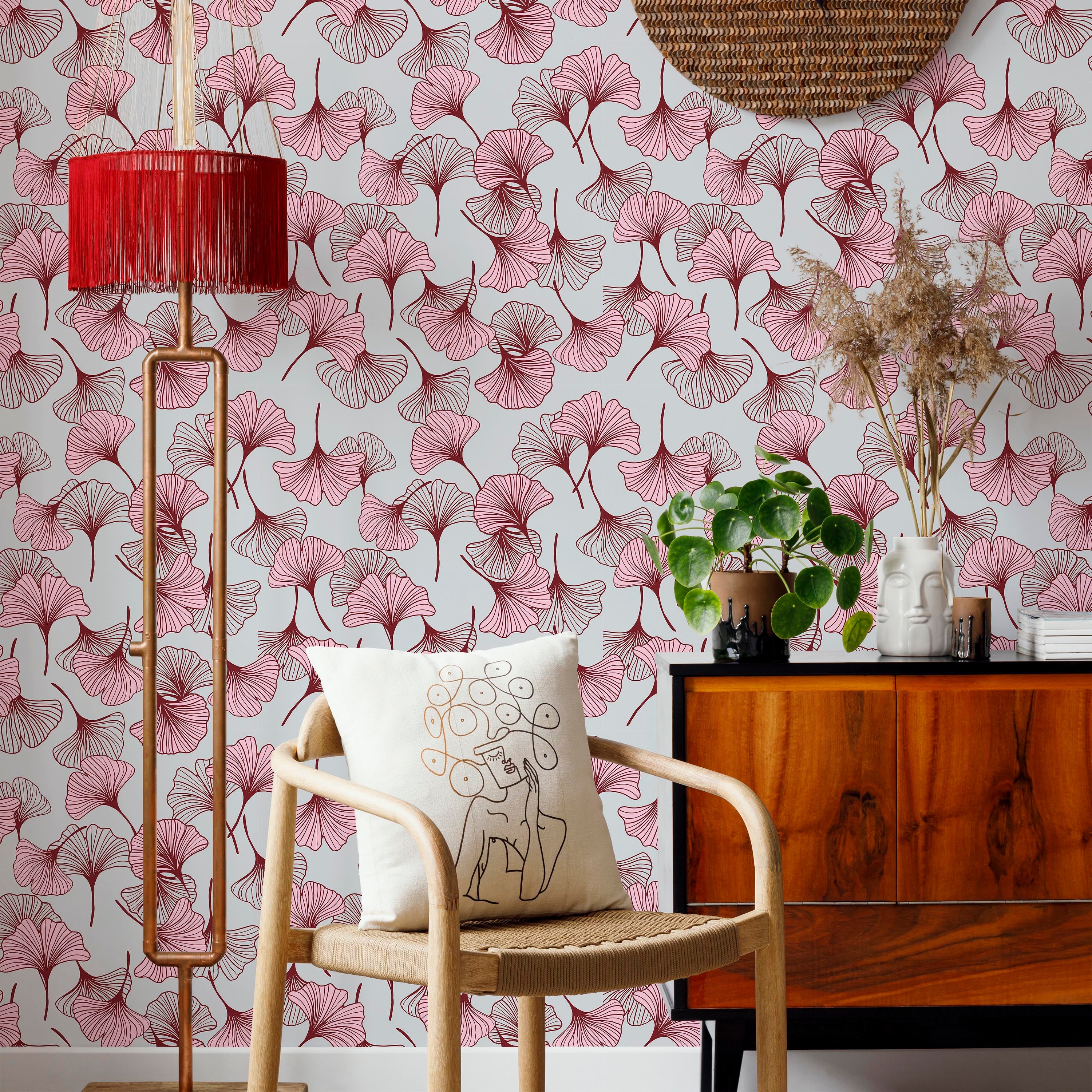 Ginkgo Garden Peel and Stick Wallpaper, Removable Wallpaper, Traditional Wallpaper - Pink | DeccoPrint