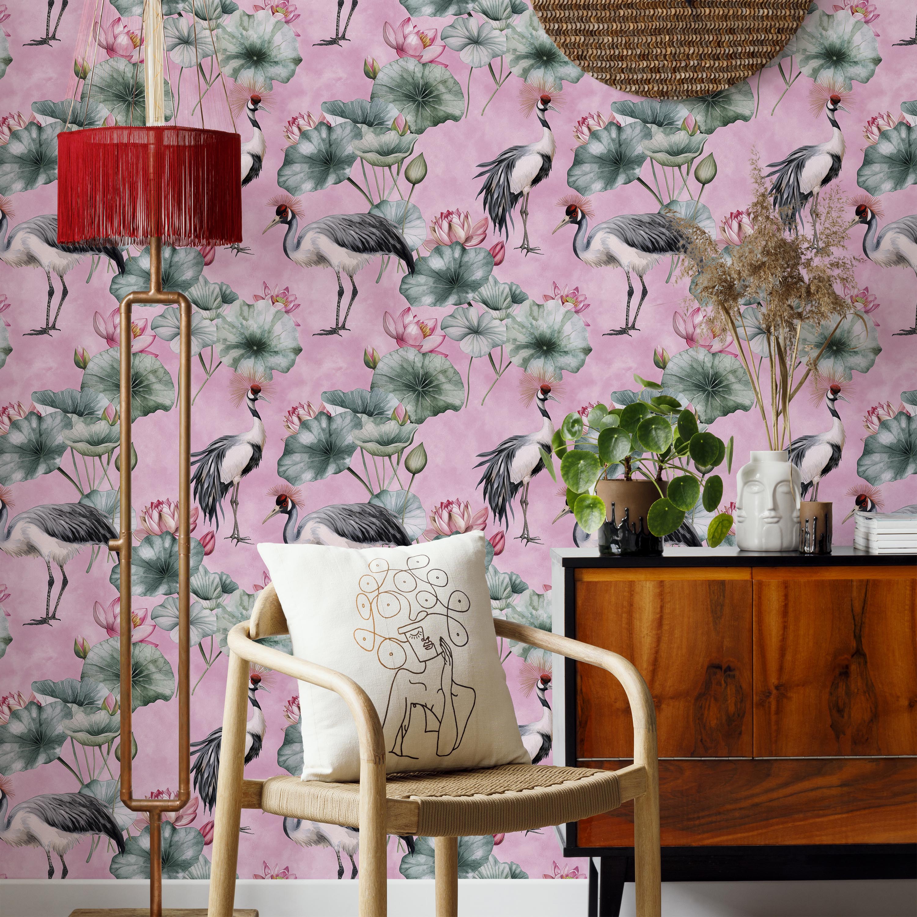 Crowned Cranes Peel and Stick Wallpaper, Removable Wallpaper, Traditional Wallpaper - Pink | DeccoPrint