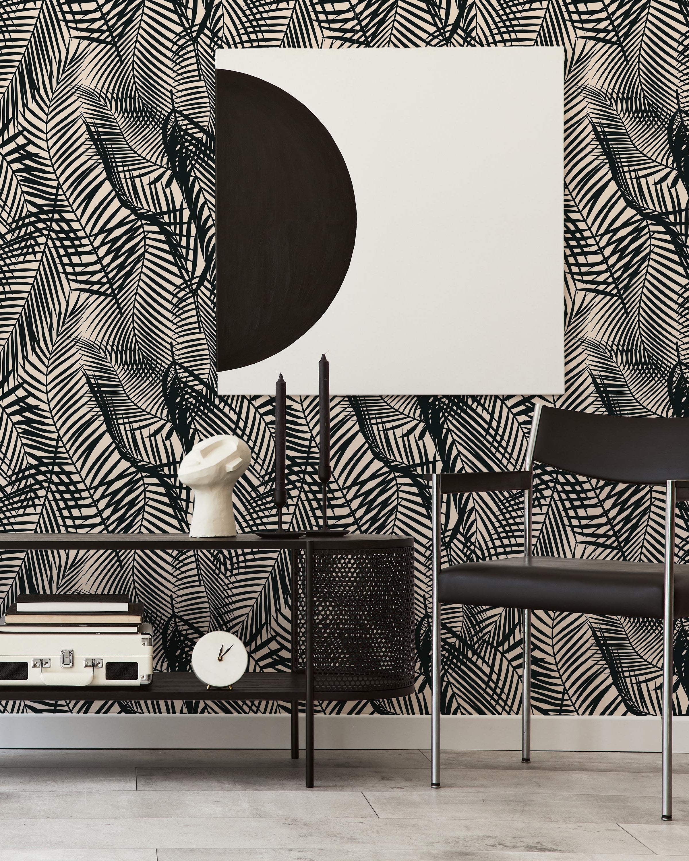 Palm Leaves Peel and Stick Wallpaper, Removable Wallpaper, Traditional Wallpaper - Black | DeccoPrint