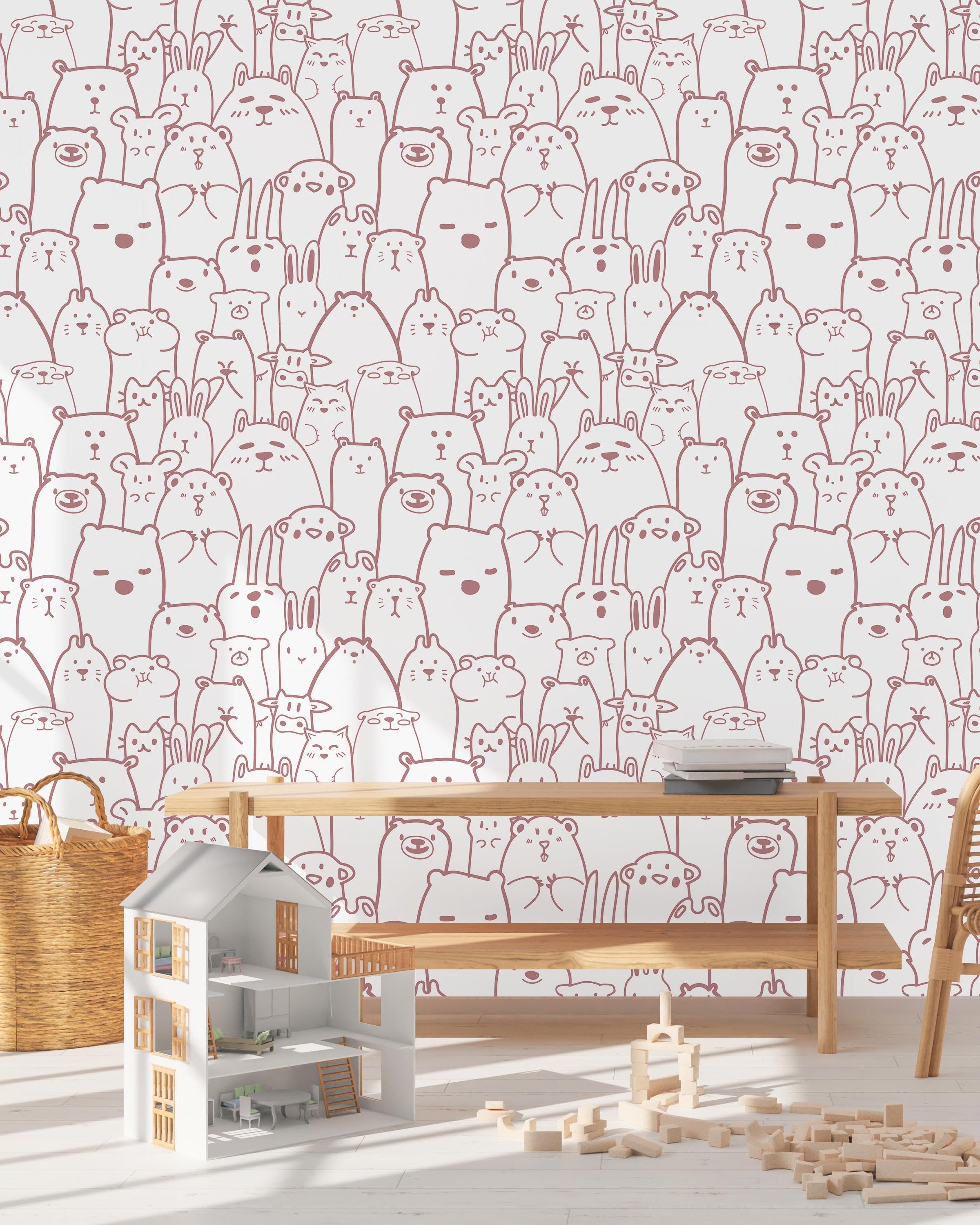 Animal Doodles Peel and Stick Wallpaper, Removable Wallpaper, Traditional Wallpaper - Pink | DeccoPrint