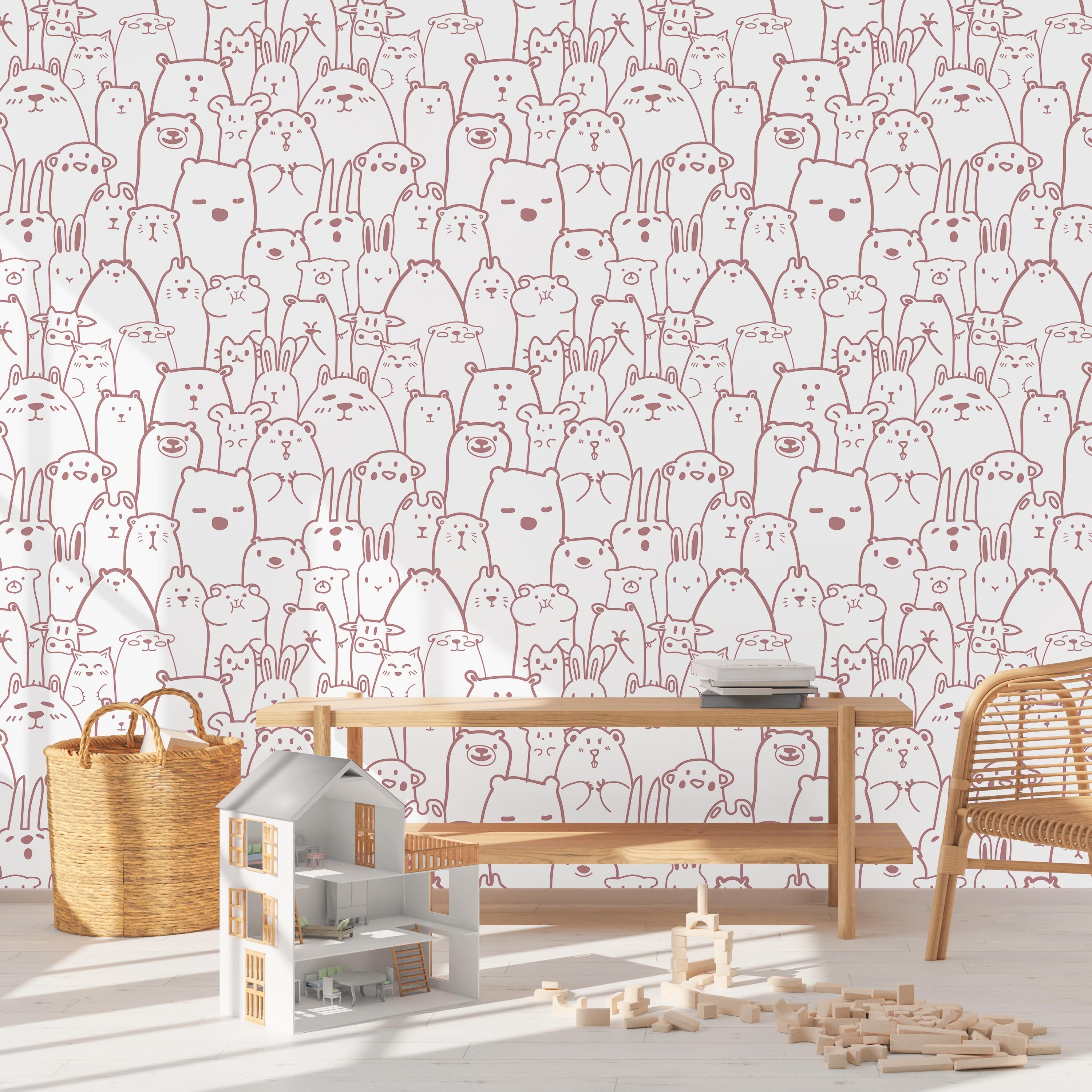 Animal Doodles Peel and Stick Wallpaper, Removable Wallpaper, Traditional Wallpaper - Pink | DeccoPrint