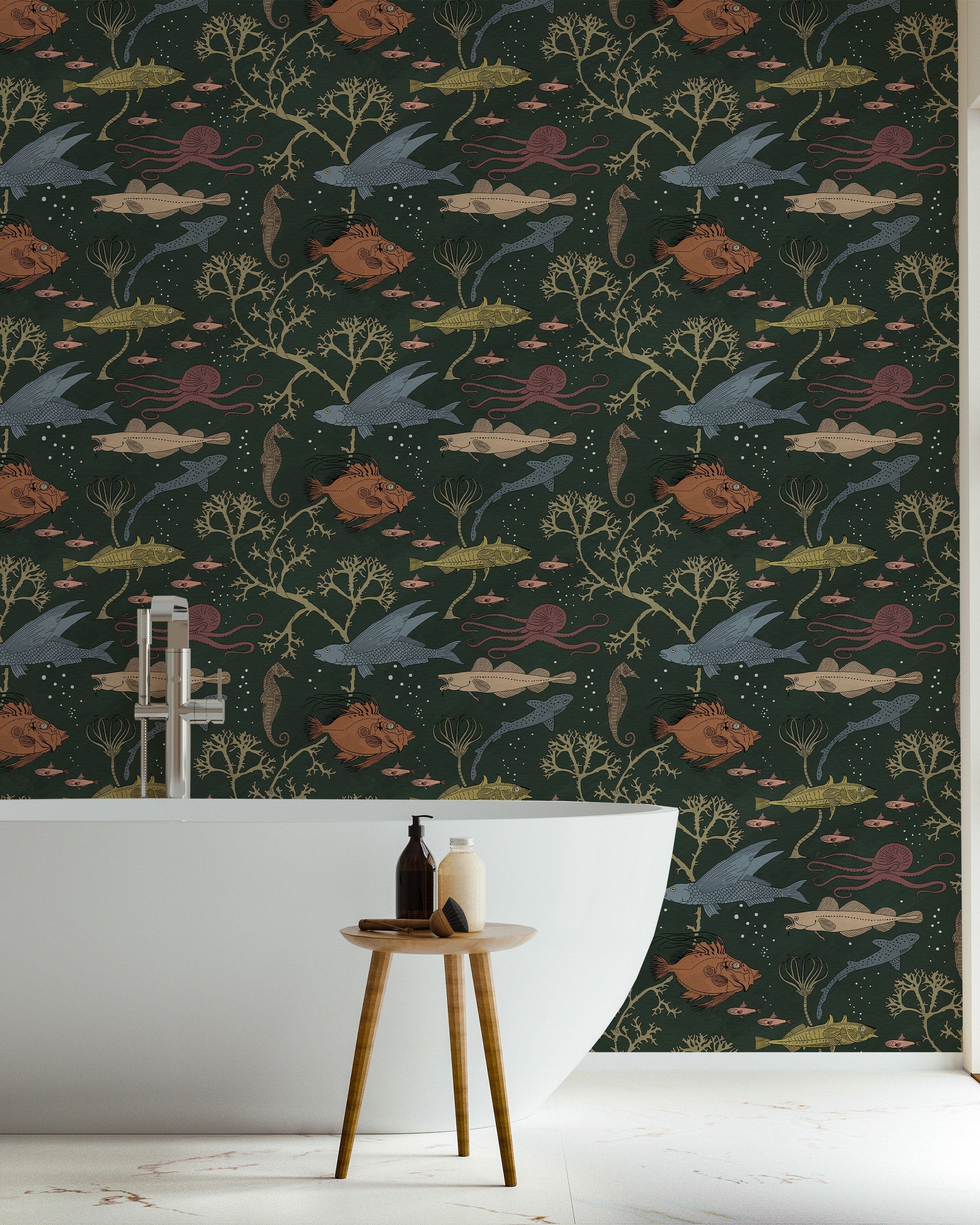 Maurice Pillard Verneuil x Sea Creatures Peel and Stick Wallpaper, Removable Wallpaper, Traditional Wallpaper - Dark Green | DeccoPrint