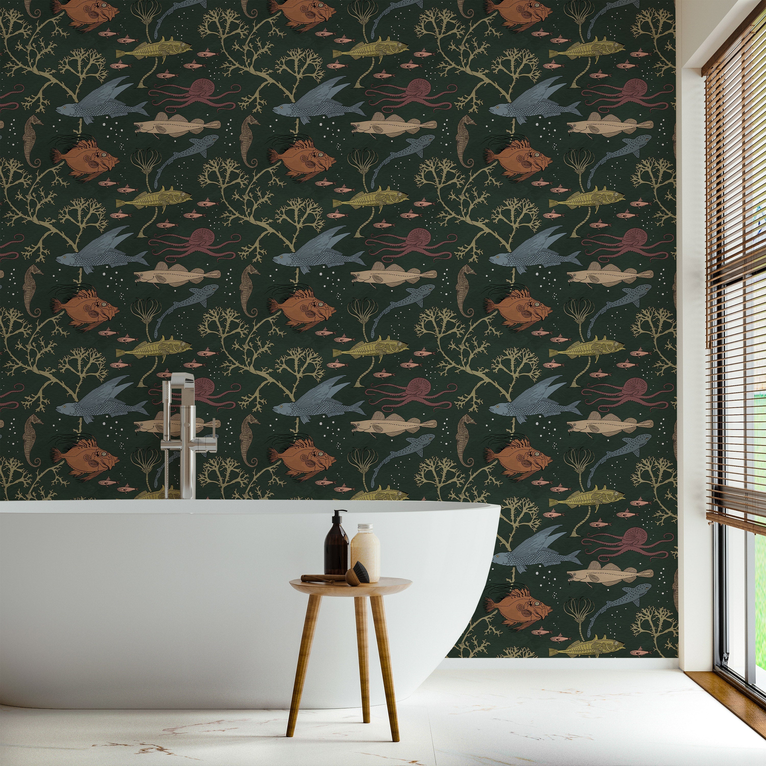 Maurice Pillard Verneuil x Sea Creatures Peel and Stick Wallpaper, Removable Wallpaper, Traditional Wallpaper - Dark Green | DeccoPrint
