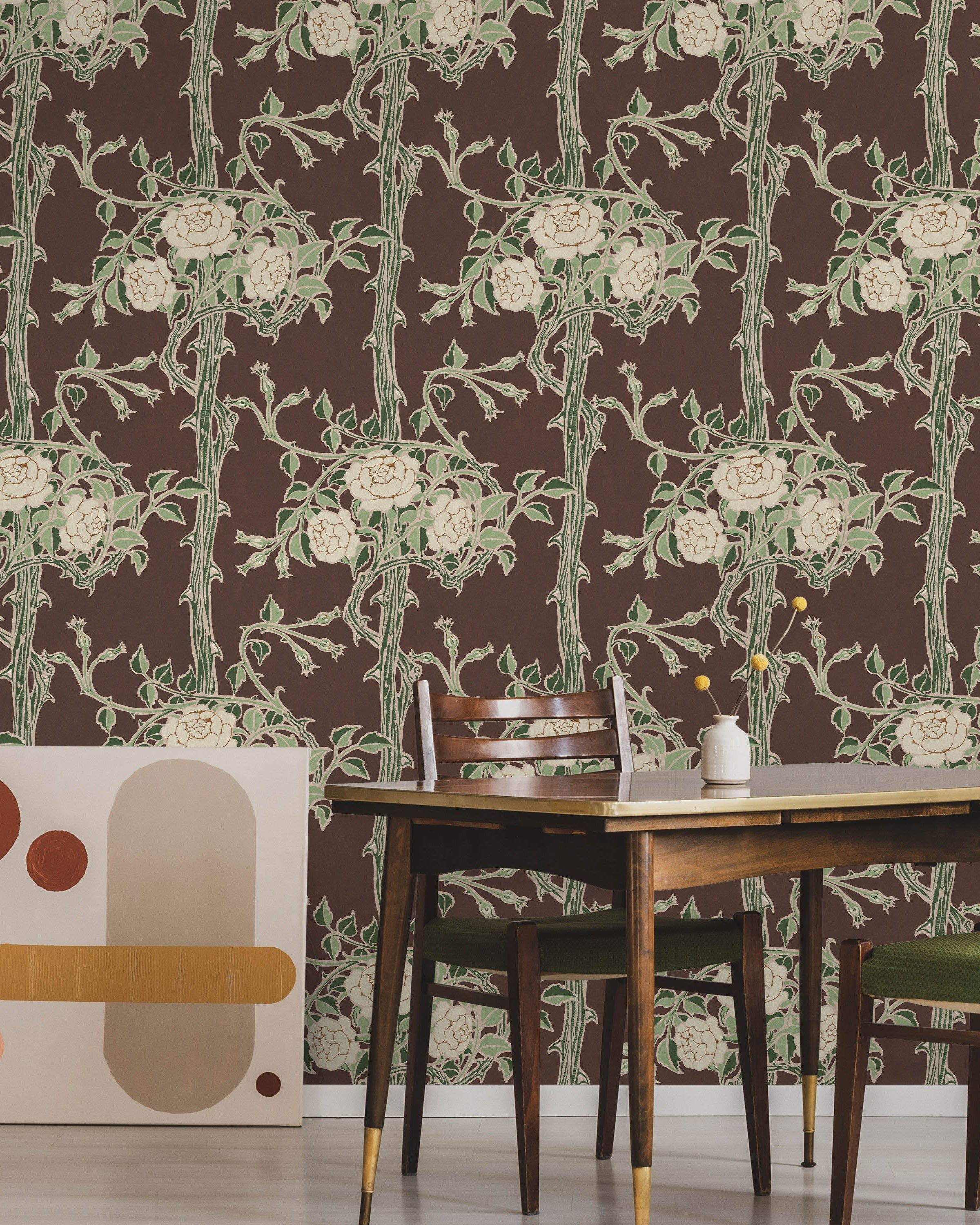 Walter Crane x Rose Bush Peel and Stick Wallpaper, Removable Wallpaper, Traditional Wallpaper - Rustic Brown | DeccoPrint