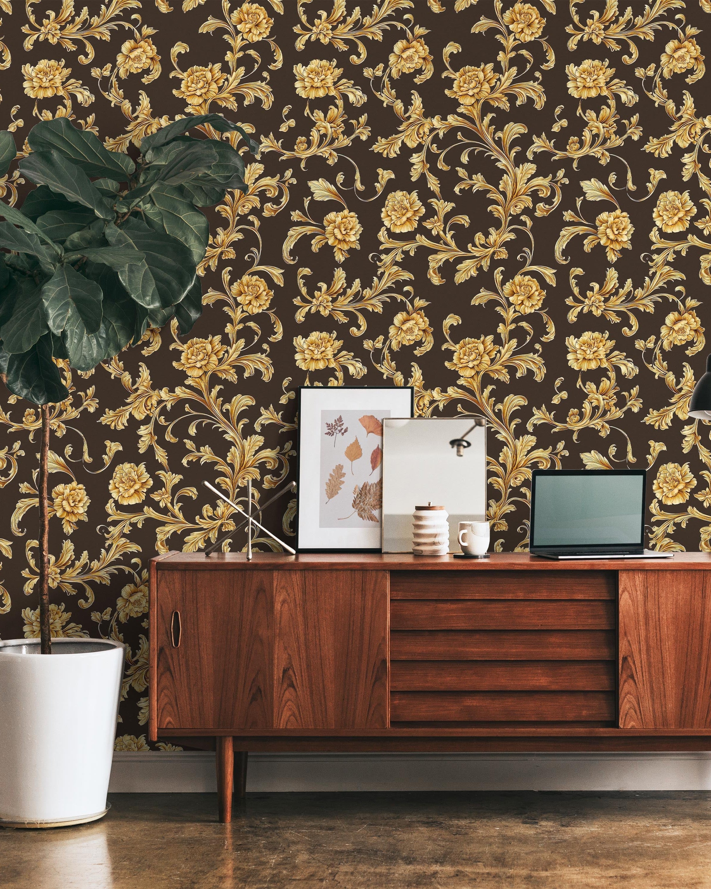 Baroque Floral Peel and Stick Wallpaper, Removable Wallpaper, Traditional Wallpaper - Cool Brown | DeccoPrint