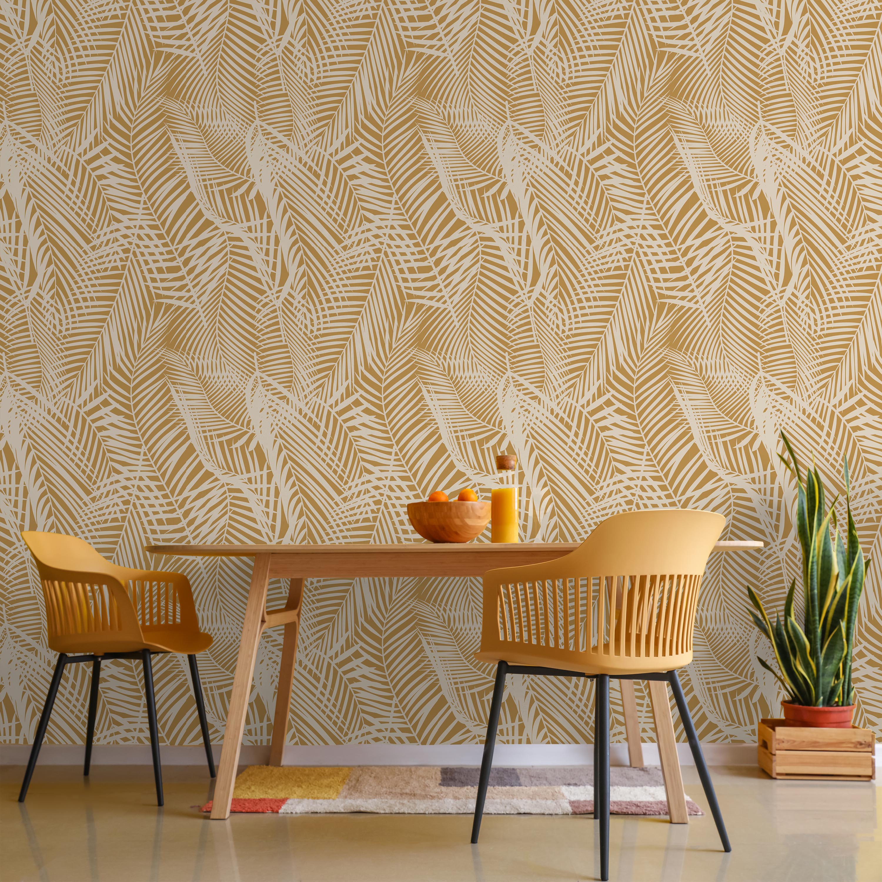 Palm Leaves Peel and Stick Wallpaper, Removable Wallpaper, Traditional Wallpaper - Yellow | DeccoPrint