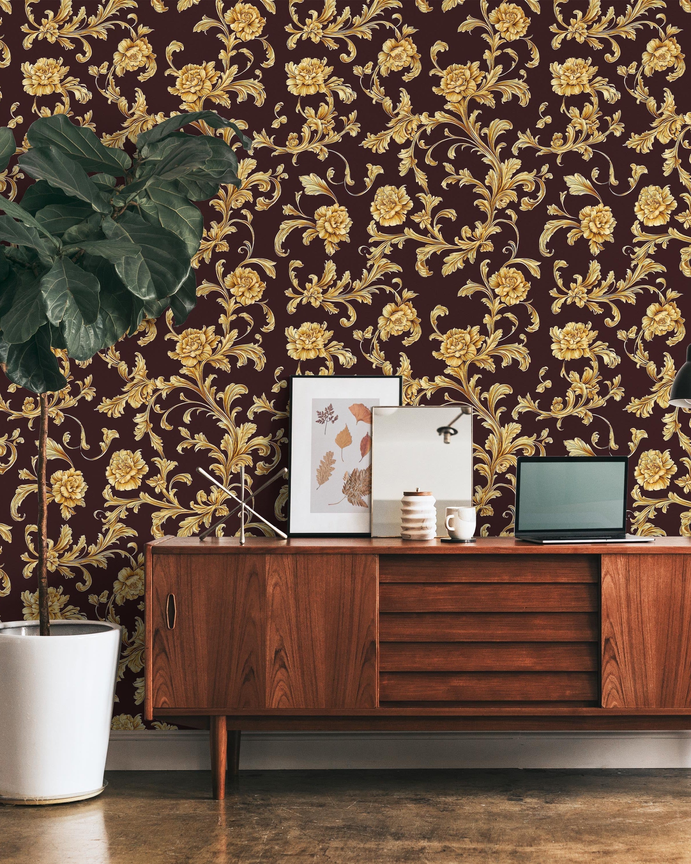 Baroque Floral Peel and Stick Wallpaper, Removable Wallpaper, Traditional Wallpaper - Burgundy Brown | DeccoPrint
