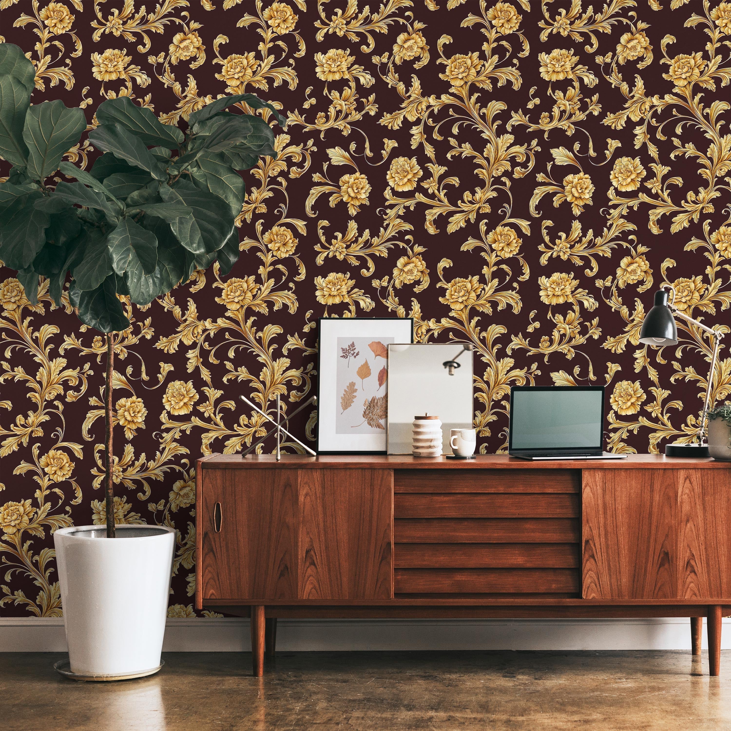 Baroque Floral Peel and Stick Wallpaper, Removable Wallpaper, Traditional Wallpaper - Burgundy Brown | DeccoPrint