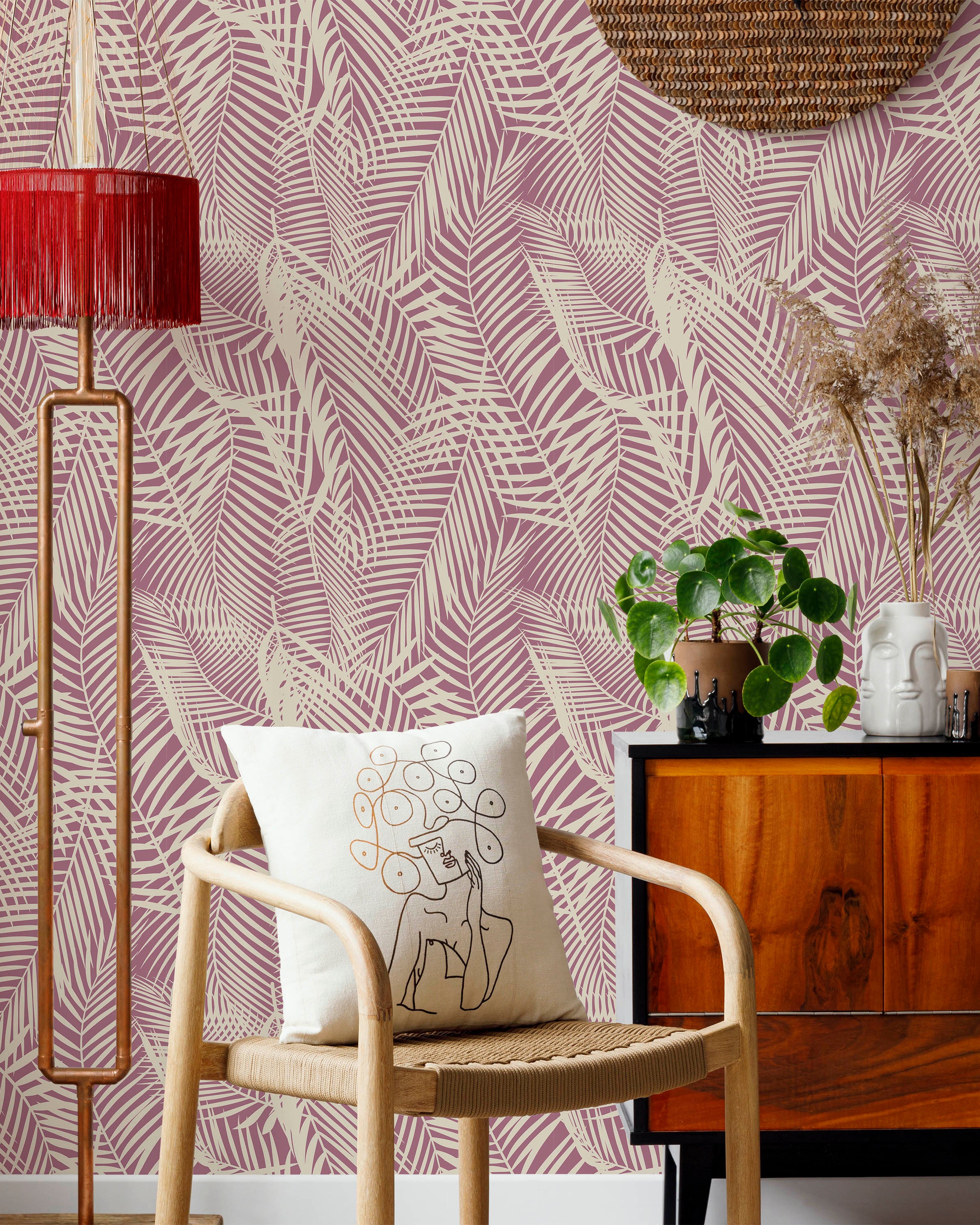 Palm Leaves Peel and Stick Wallpaper, Removable Wallpaper, Traditional Wallpaper - Pink | DeccoPrint