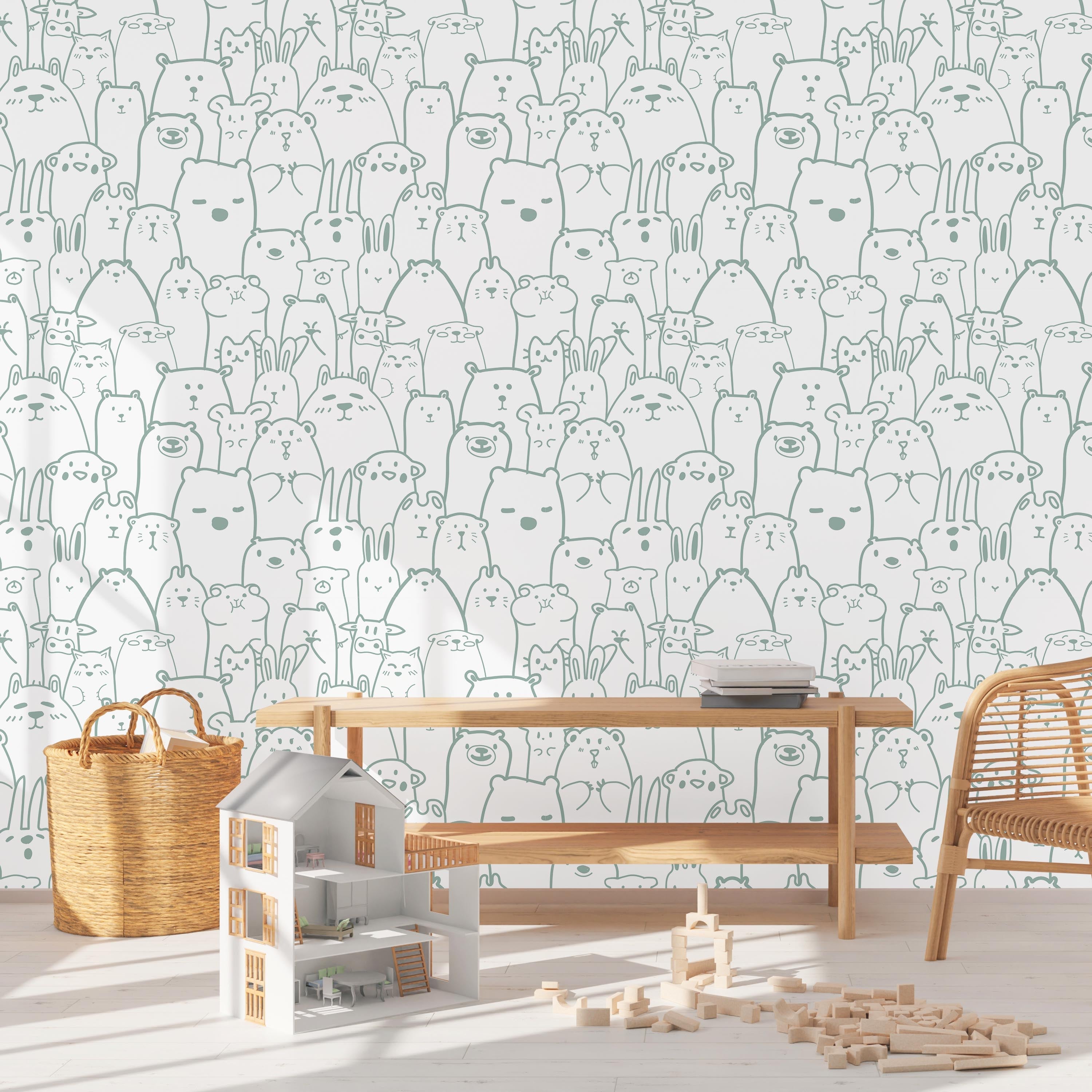 Animal Doodles Peel and Stick Wallpaper, Removable Wallpaper, Traditional Wallpaper - Blue | DeccoPrint