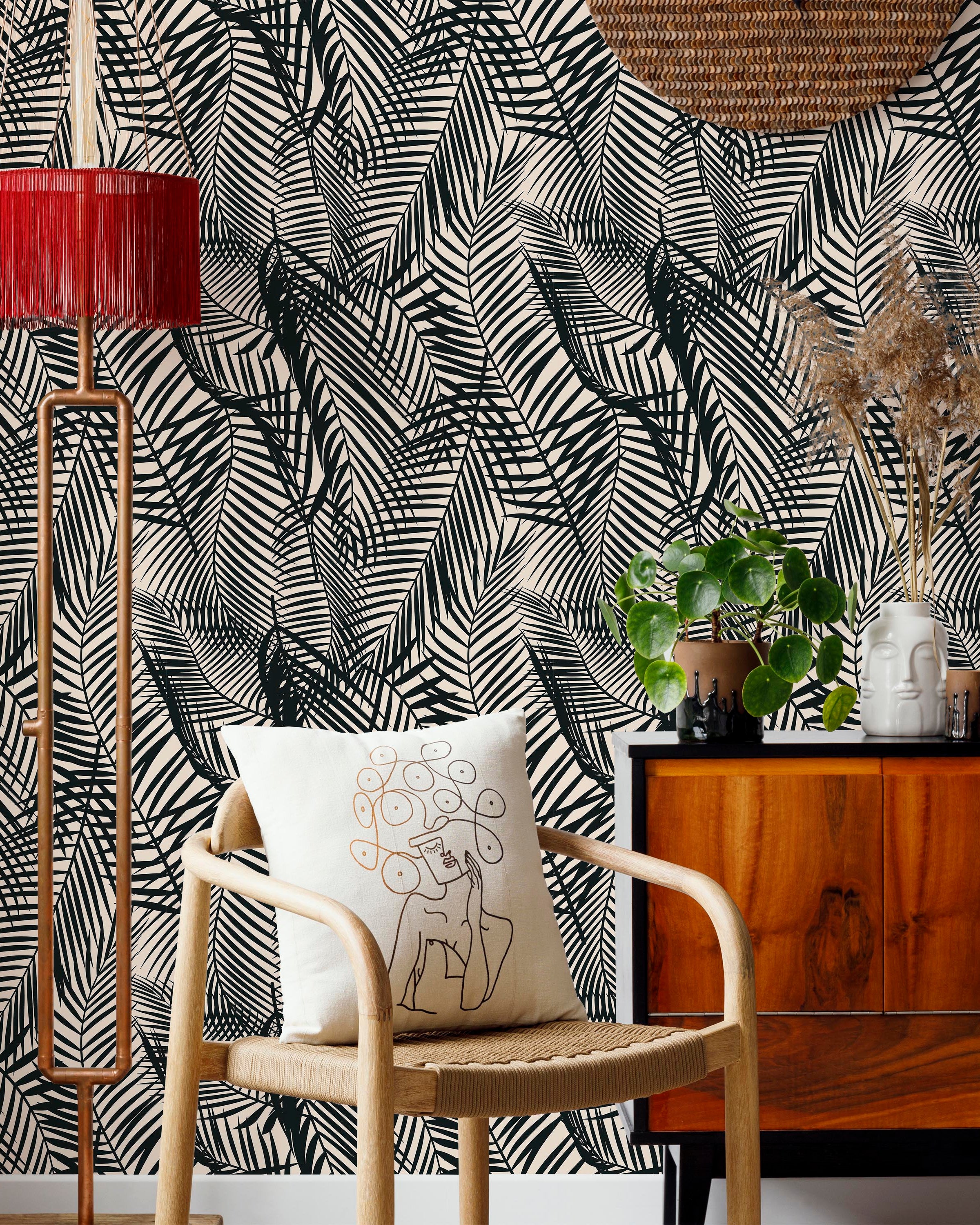 Palm Leaves Peel and Stick Wallpaper, Removable Wallpaper, Traditional Wallpaper - Black | DeccoPrint