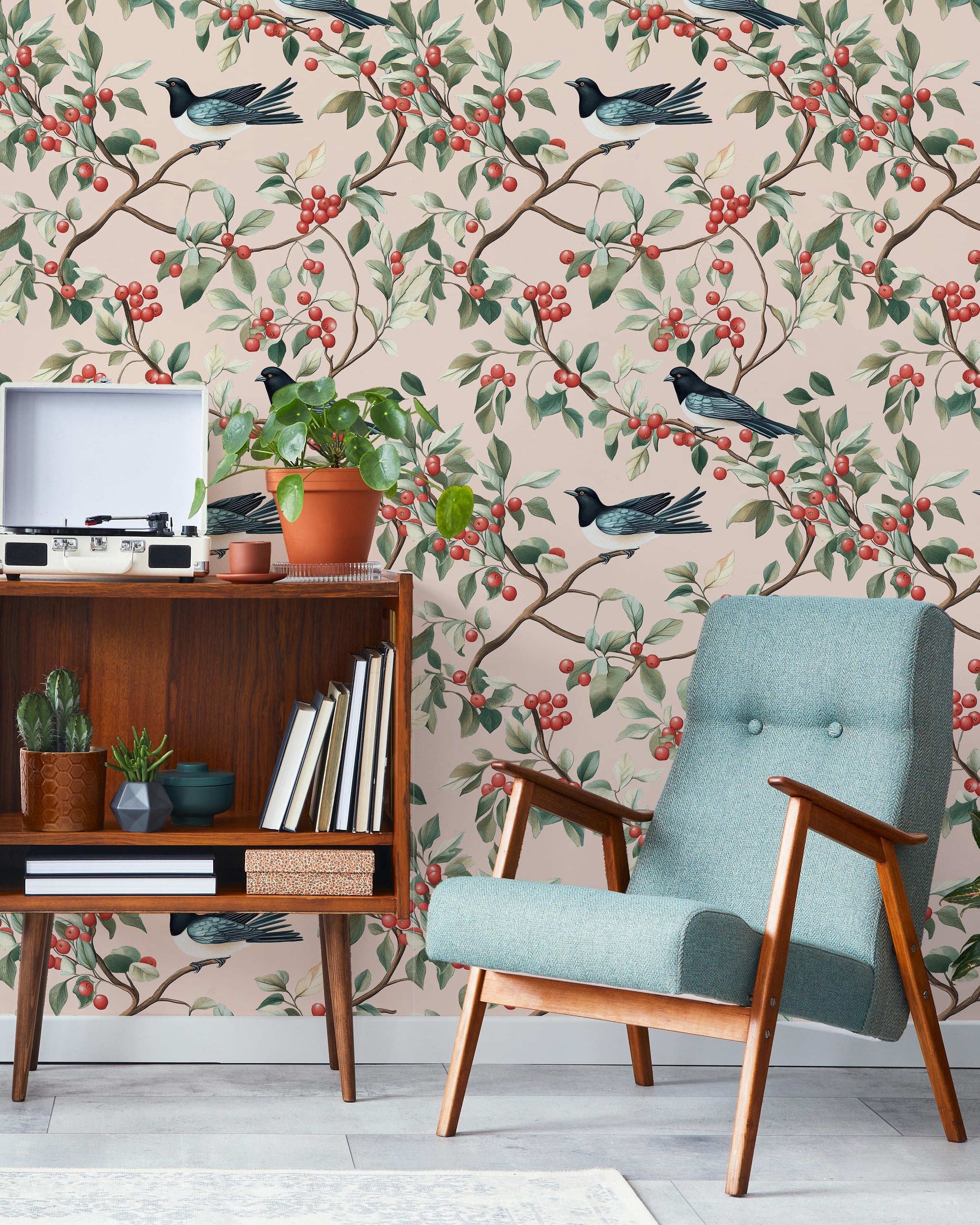 Birds and The Trees Peel and Stick Wallpaper, Removable Wallpaper, Traditional Wallpaper - Pink | DeccoPrint