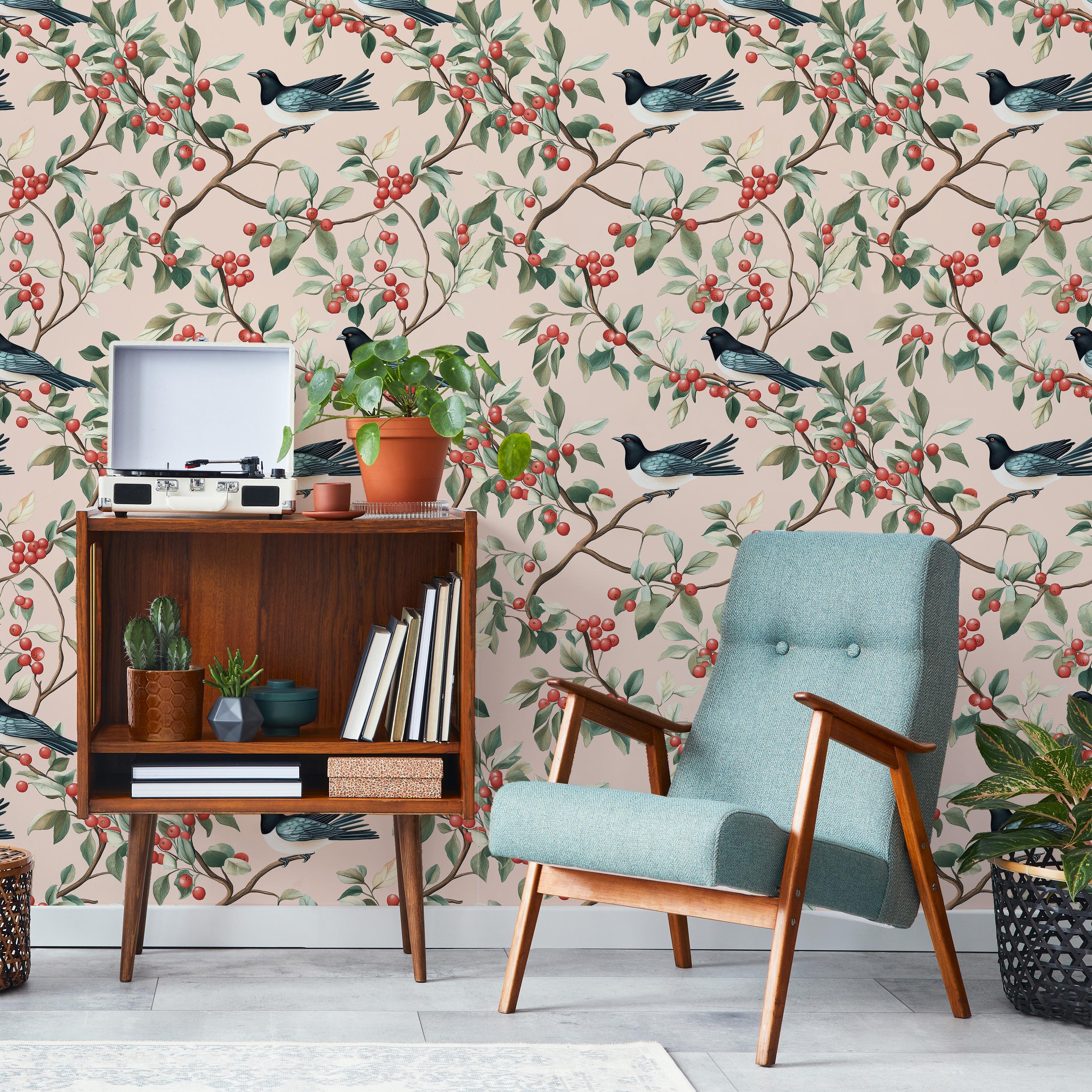 Birds and The Trees Peel and Stick Wallpaper, Removable Wallpaper, Traditional Wallpaper - Pink | DeccoPrint