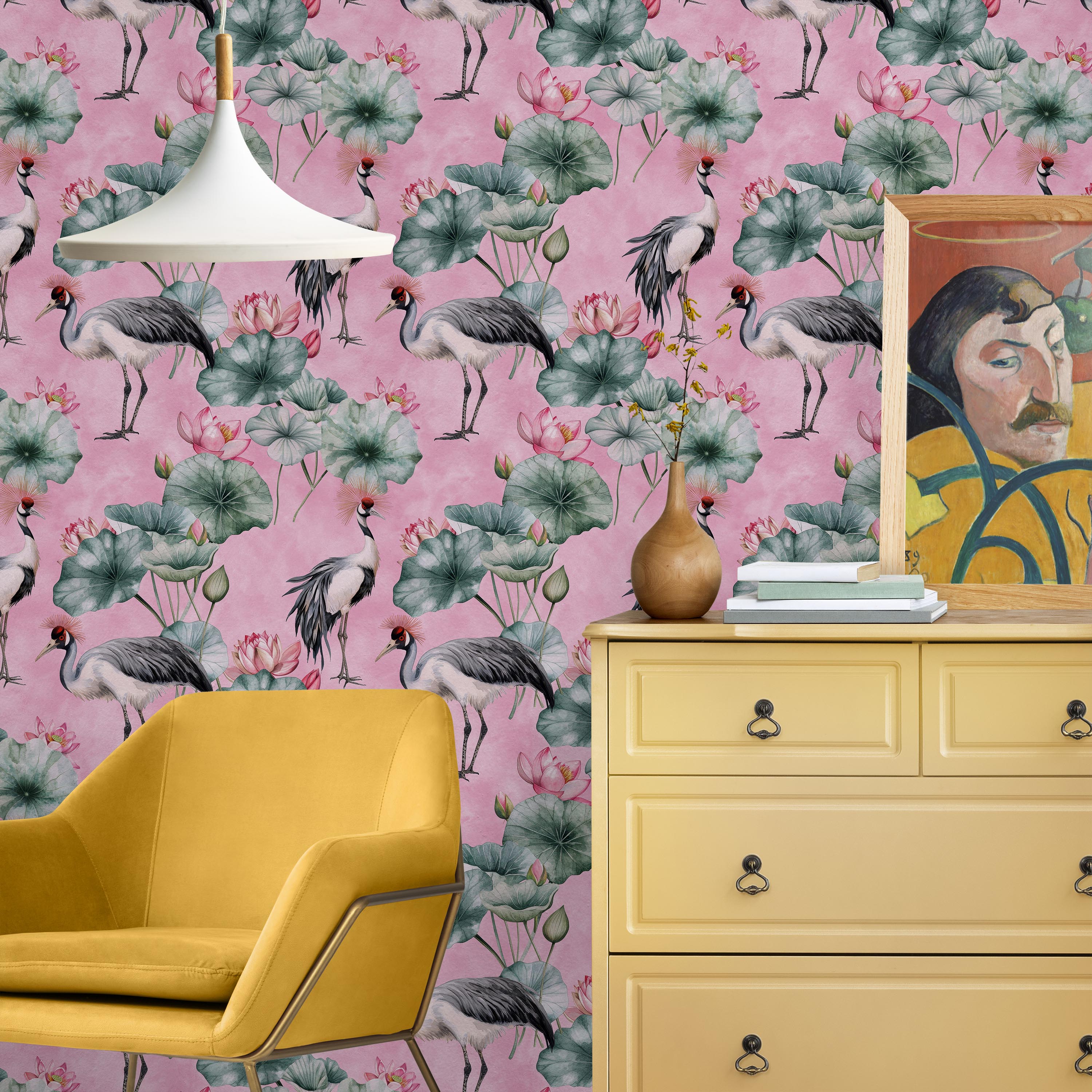 Crowned Cranes Peel and Stick Wallpaper, Removable Wallpaper, Traditional Wallpaper - Pink | DeccoPrint