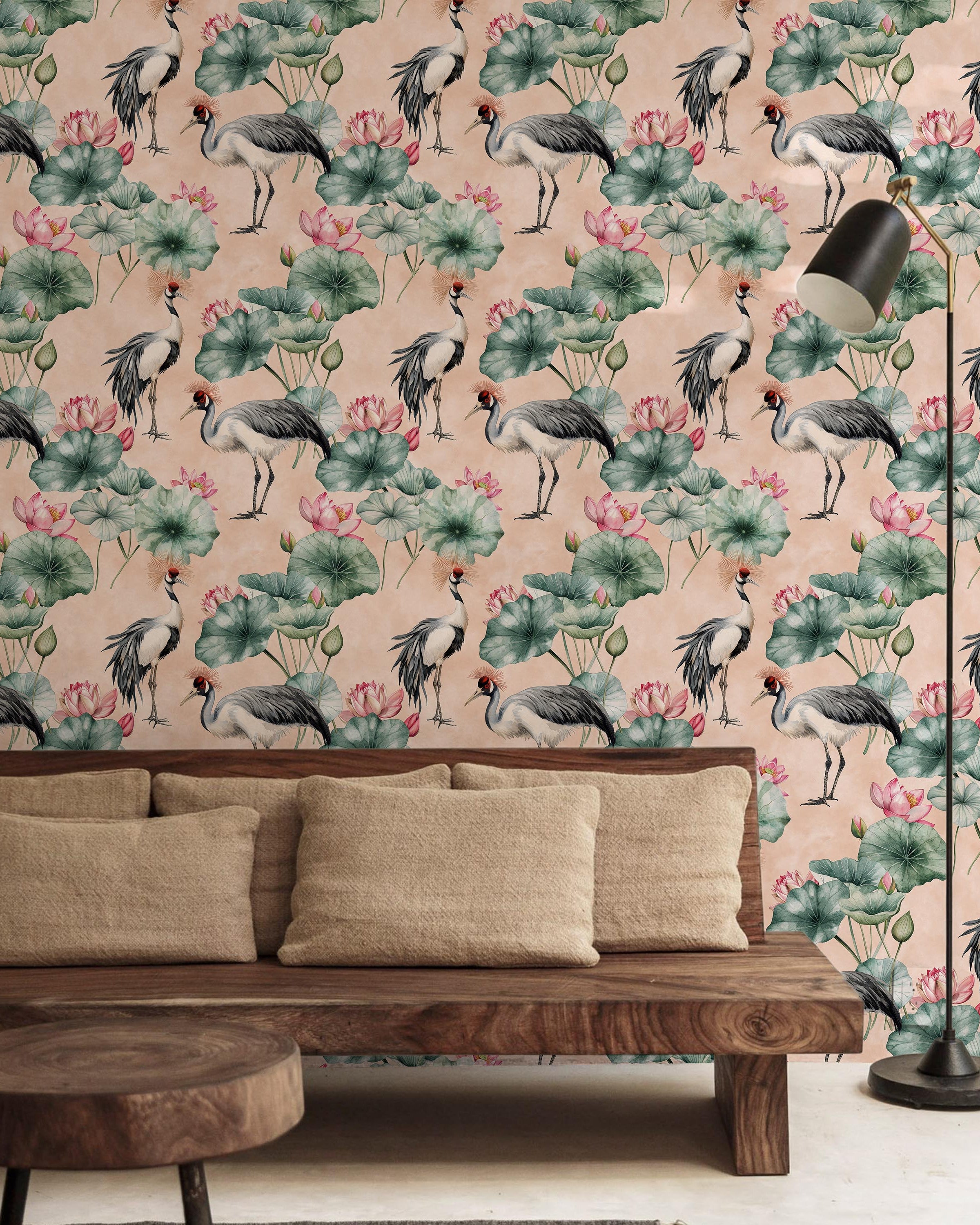 Crowned Cranes Peel and Stick Wallpaper, Removable Wallpaper, Traditional Wallpaper - Peach | DeccoPrint