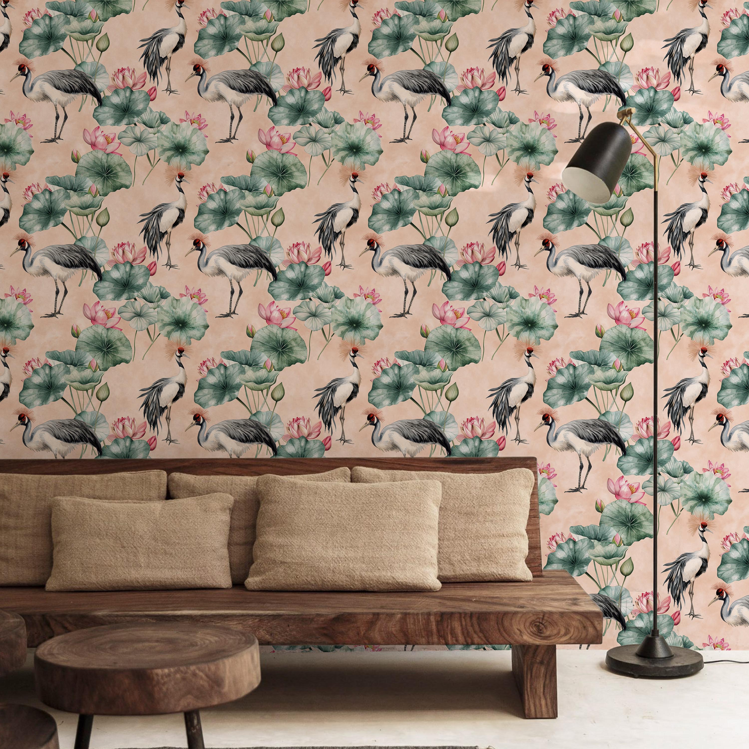 Crowned Cranes Peel and Stick Wallpaper, Removable Wallpaper, Traditional Wallpaper - Peach | DeccoPrint