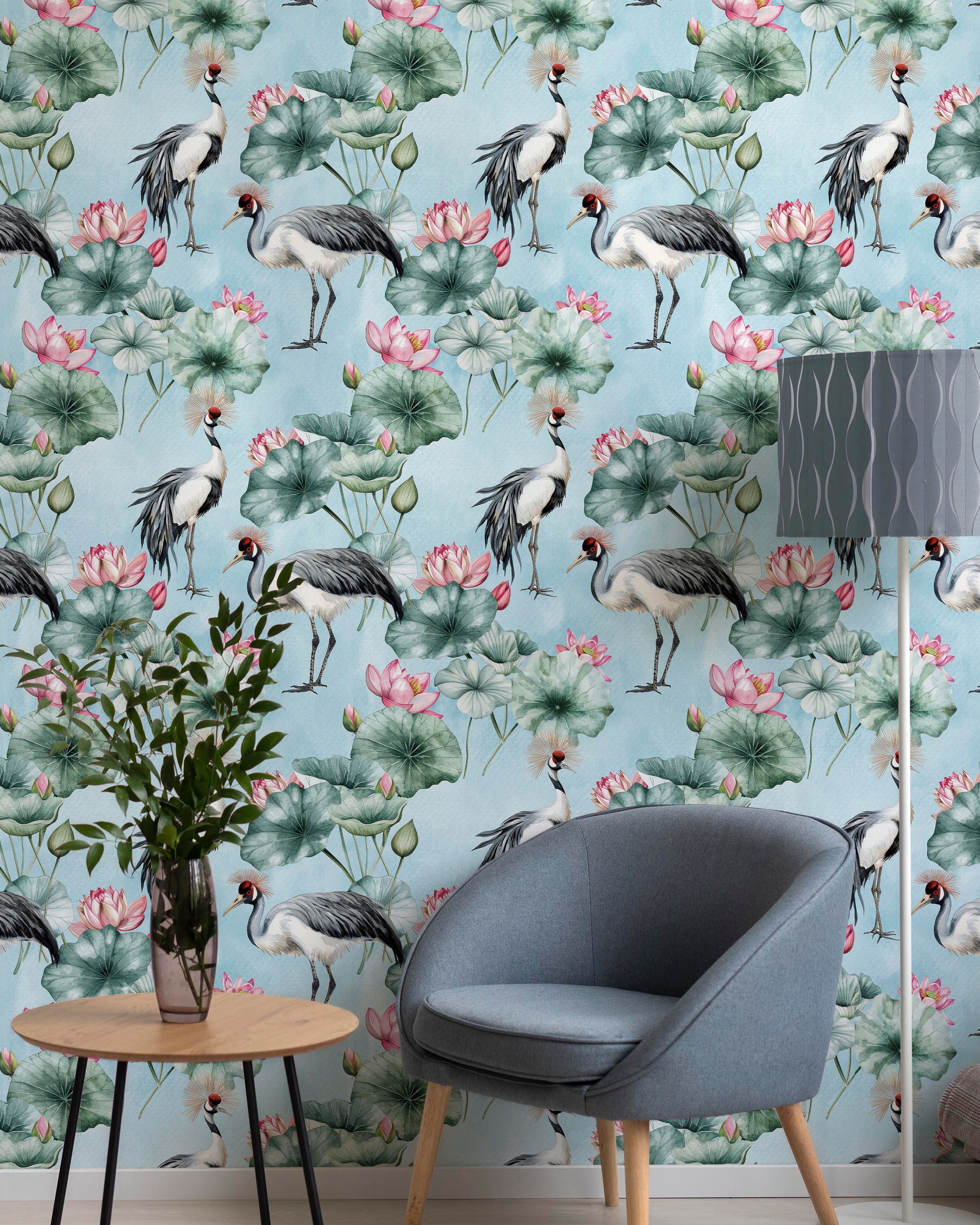 Crowned Cranes Peel and Stick Wallpaper, Removable Wallpaper, Traditional Wallpaper - Blue | DeccoPrint