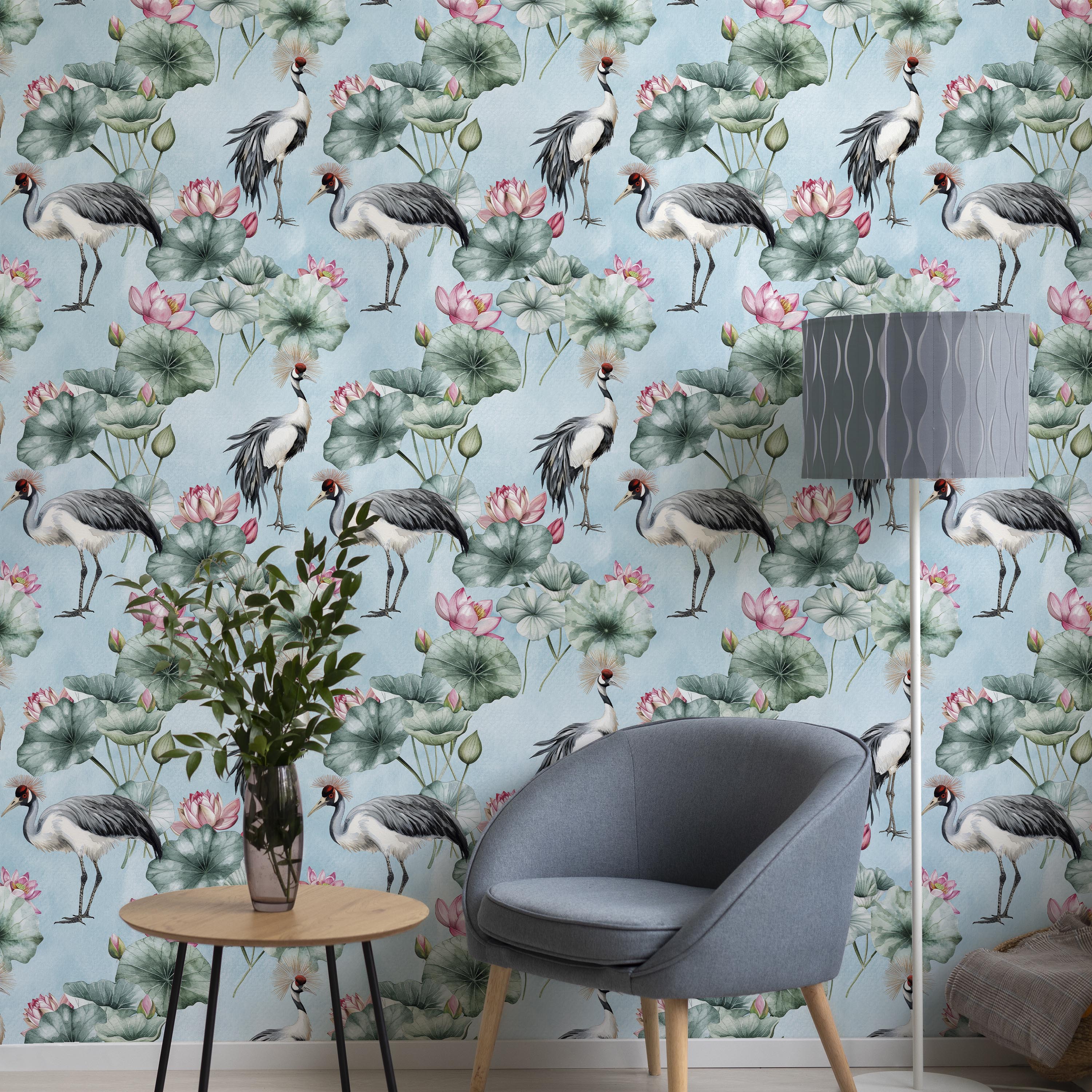 Crowned Cranes Peel and Stick Wallpaper, Removable Wallpaper, Traditional Wallpaper - Blue | DeccoPrint
