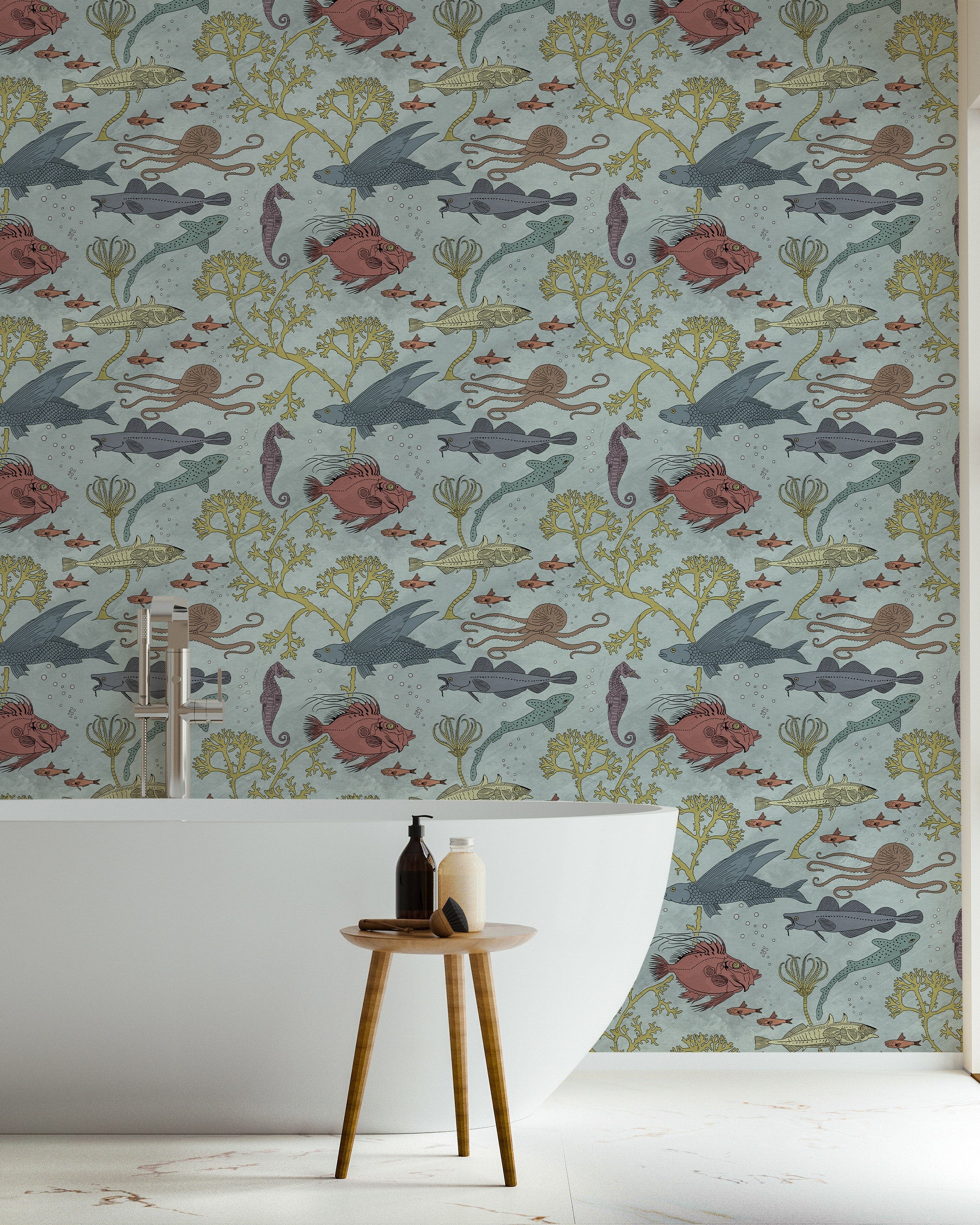 Maurice Pillard Verneuil x Sea Creatures Peel and Stick Wallpaper, Removable Wallpaper, Traditional Wallpaper - Light Blue | DeccoPrint