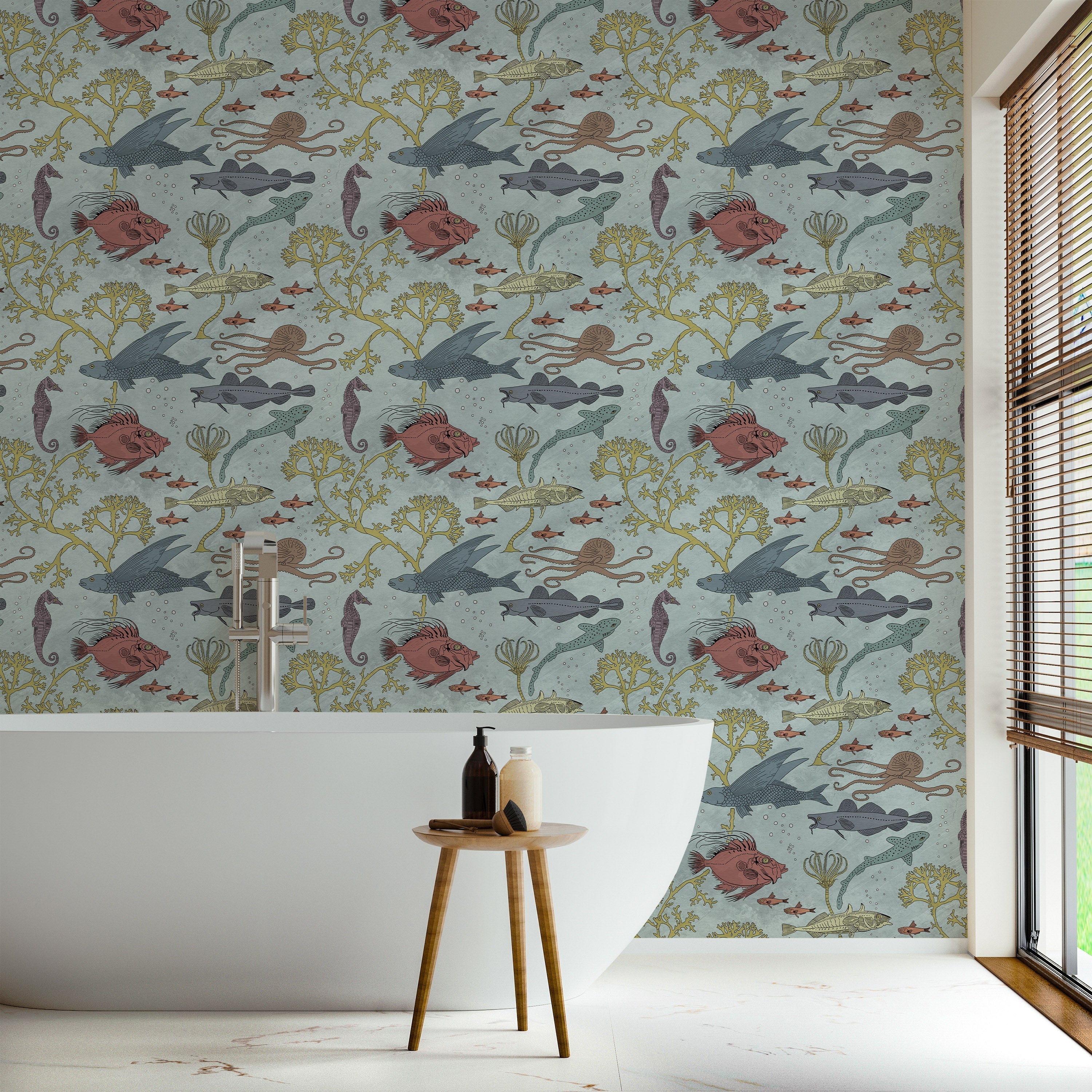 Maurice Pillard Verneuil x Sea Creatures Peel and Stick Wallpaper, Removable Wallpaper, Traditional Wallpaper - Light Blue | DeccoPrint