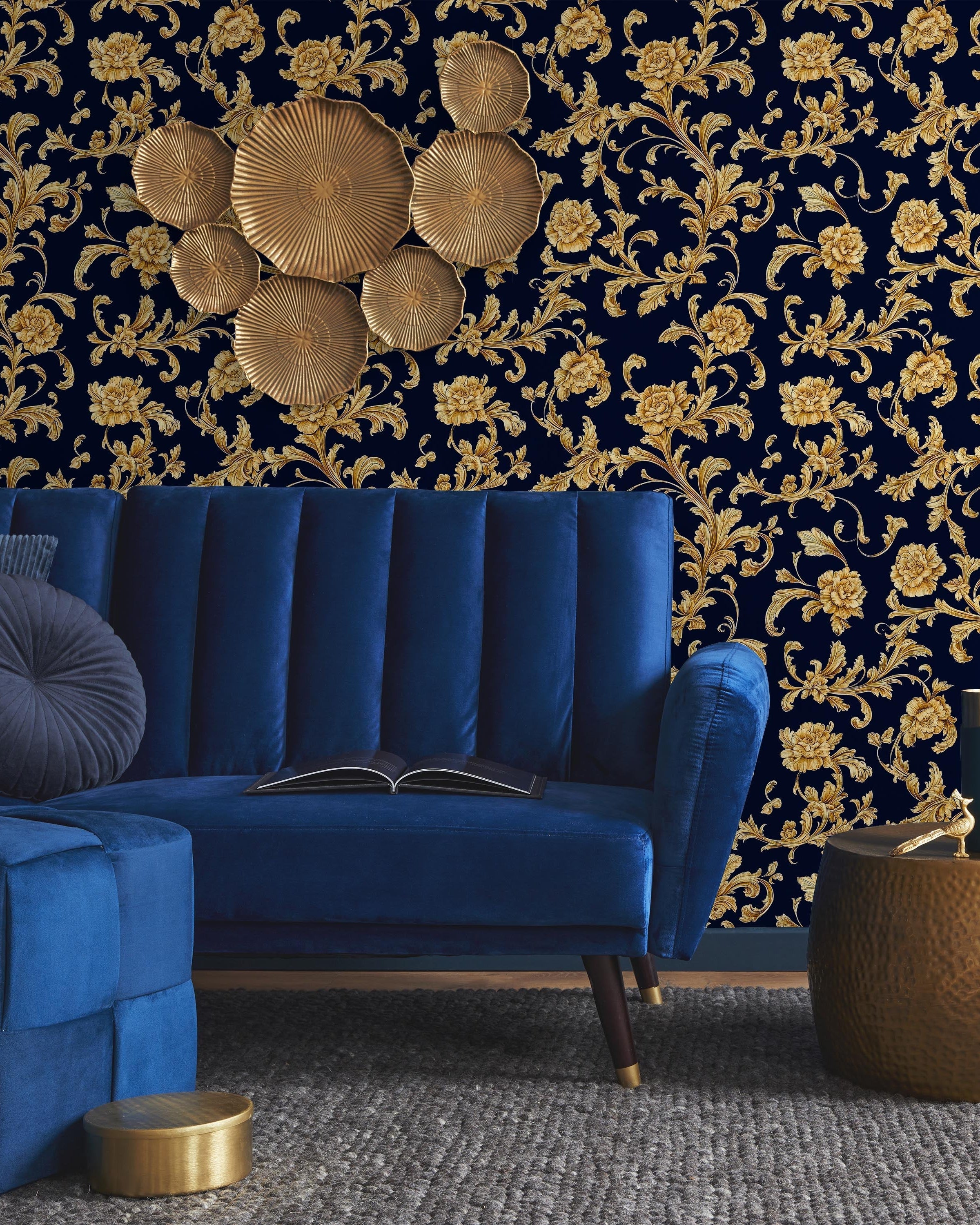 Baroque Floral Peel and Stick Wallpaper, Removable Wallpaper, Traditional Wallpaper - Navy blue | DeccoPrint