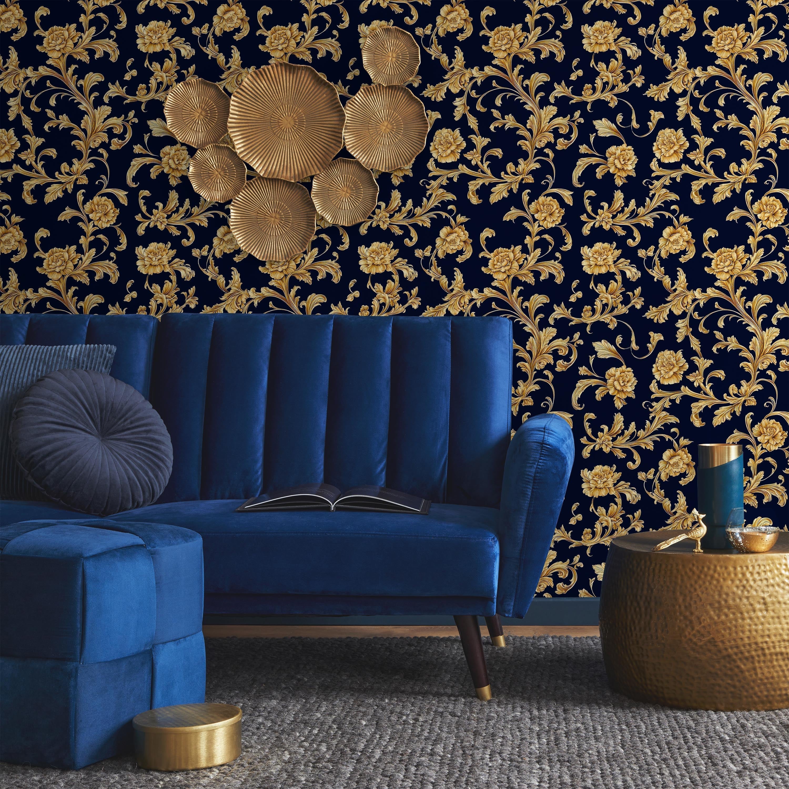 Baroque Floral Peel and Stick Wallpaper, Removable Wallpaper, Traditional Wallpaper - Navy blue | DeccoPrint