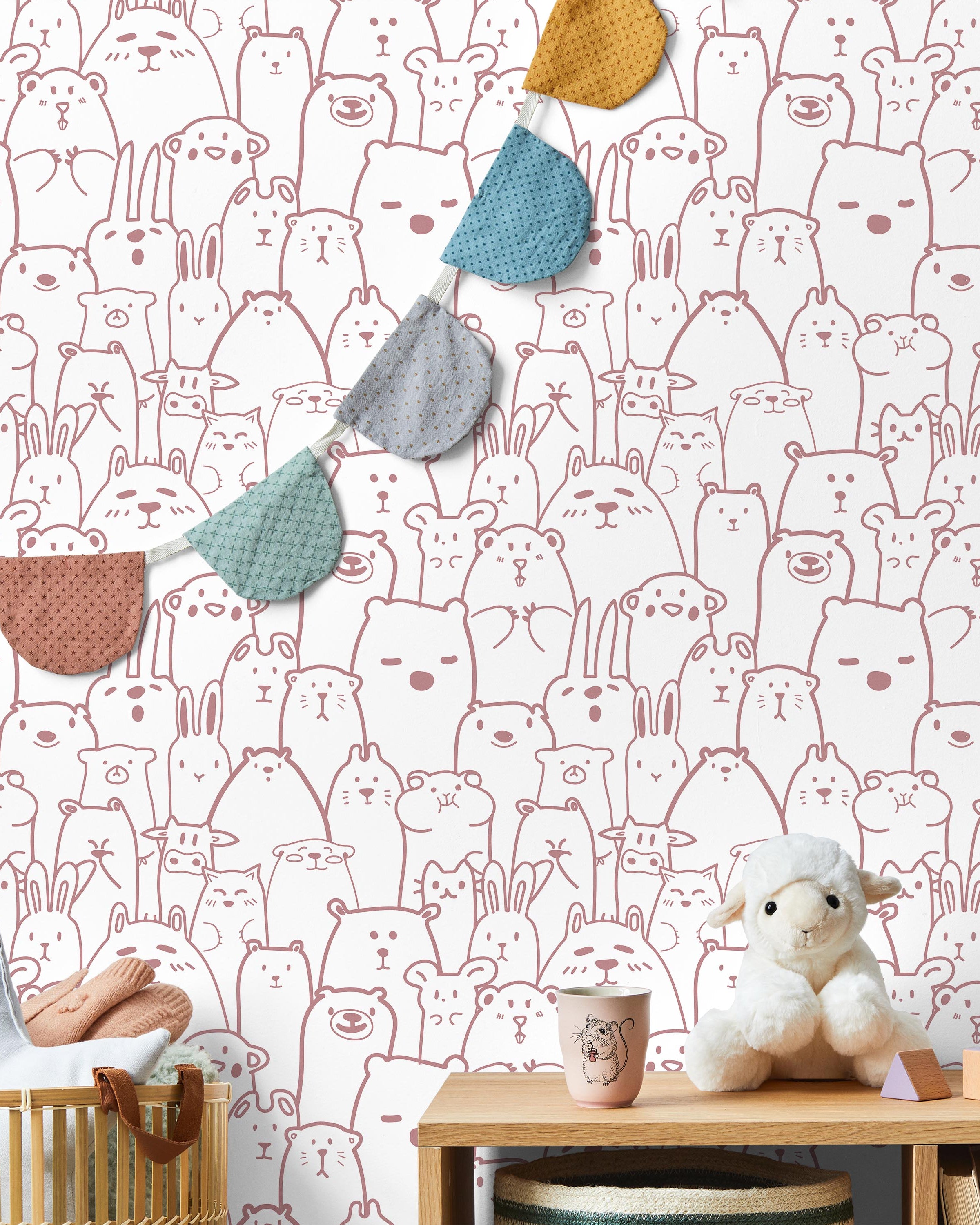 Animal Doodles Peel and Stick Wallpaper, Removable Wallpaper, Traditional Wallpaper - Pink | DeccoPrint