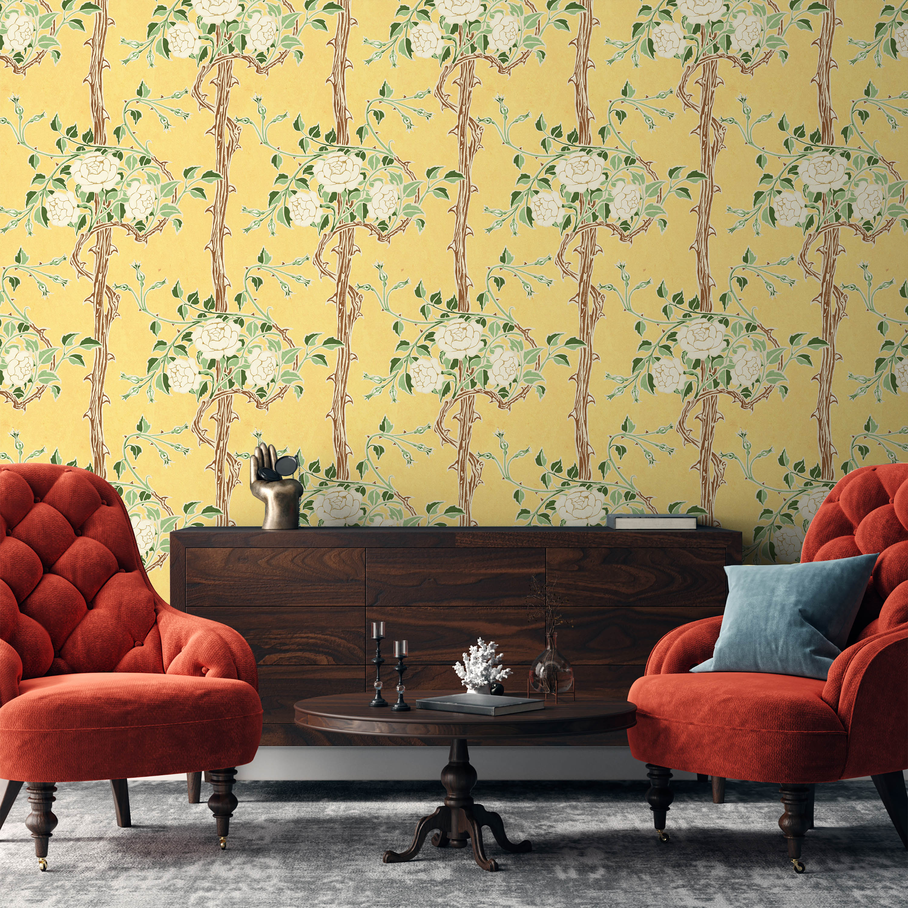 Walter Crane x Rose Bush Peel and Stick Wallpaper, Removable Wallpaper, Traditional Wallpaper - Sunrise Yellow | DeccoPrint