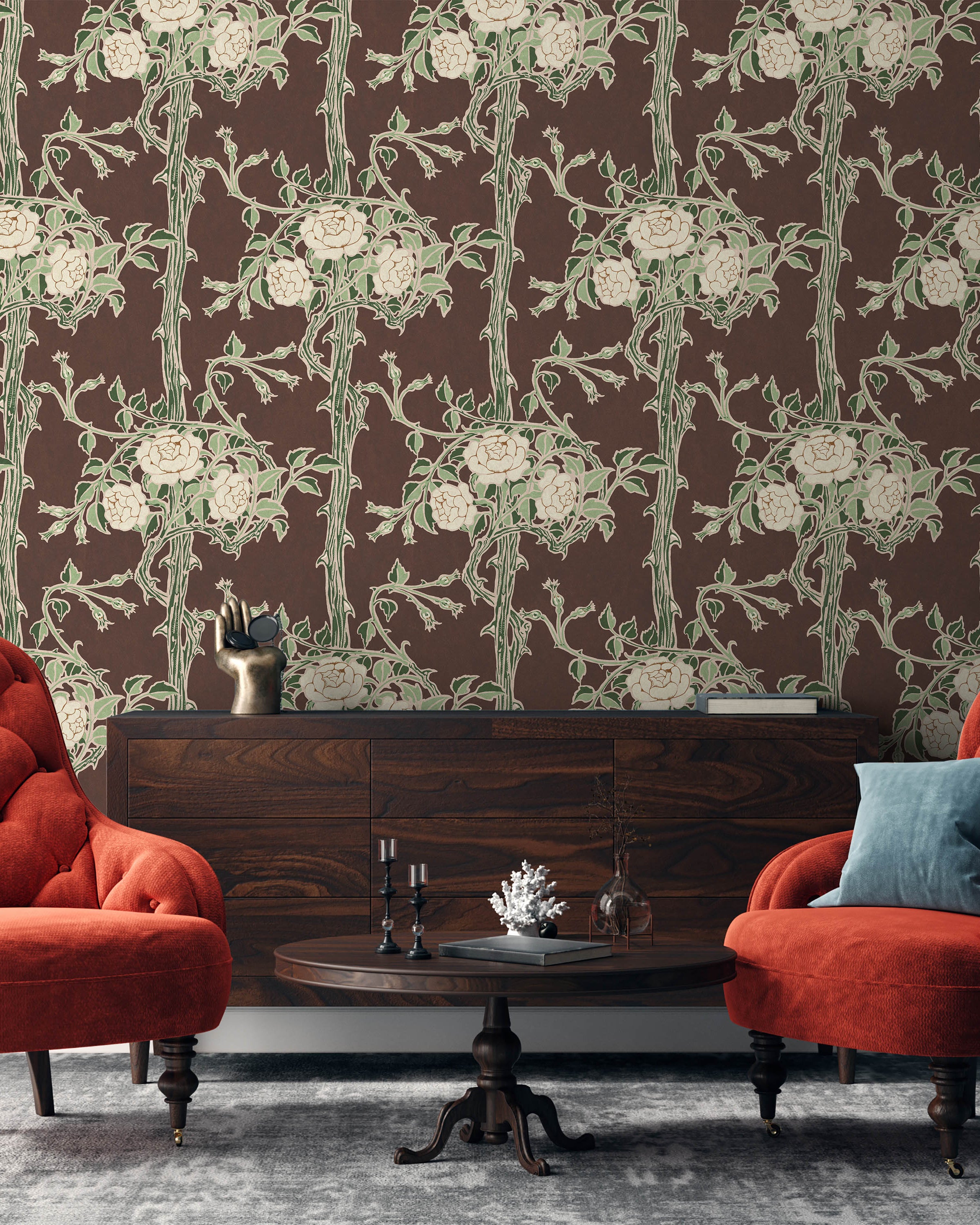 Walter Crane x Rose Bush Peel and Stick Wallpaper, Removable Wallpaper, Traditional Wallpaper - Rustic Brown | DeccoPrint
